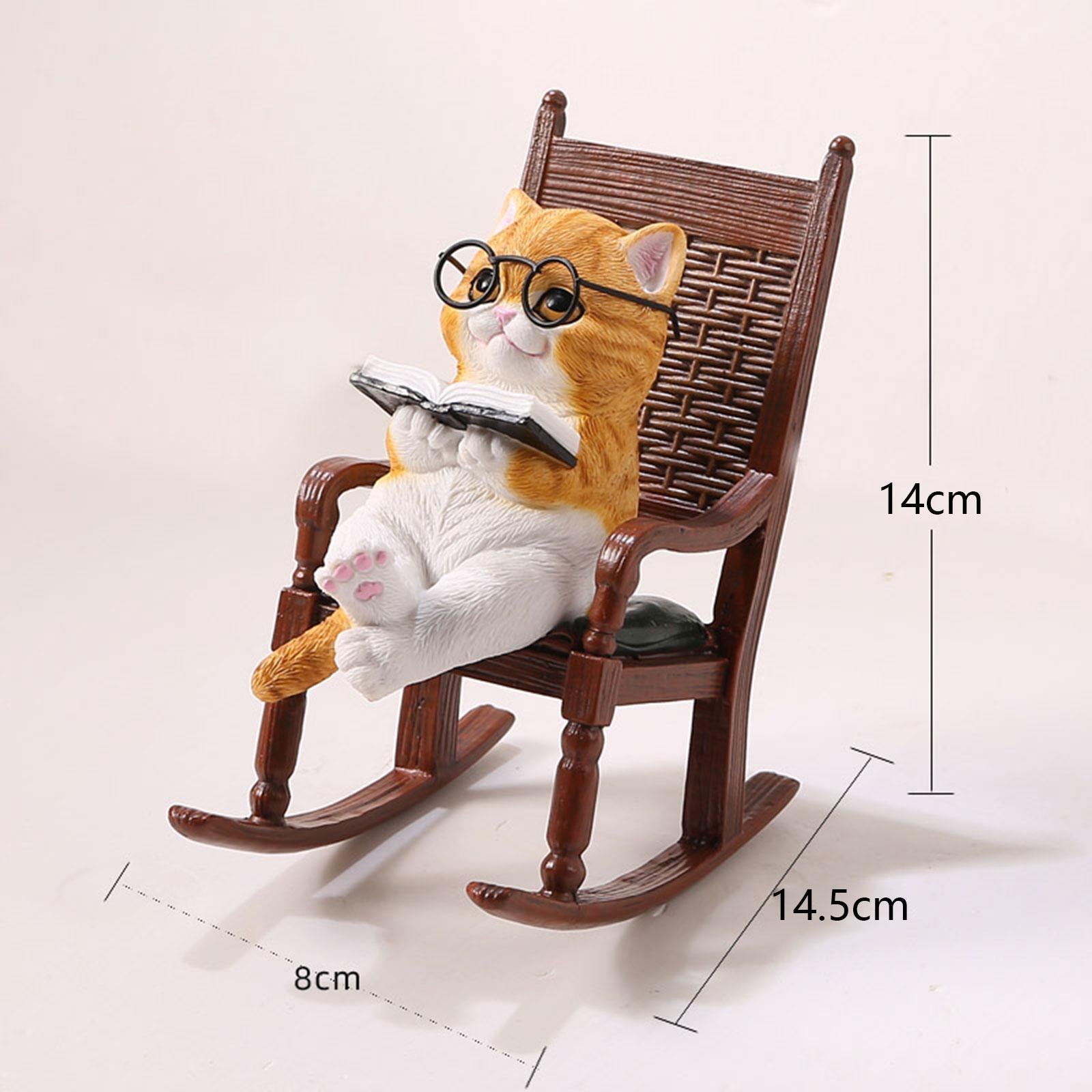 Cat Reading Books Sits on Chair Figurine Sculpture Cute for Table Desk Decor