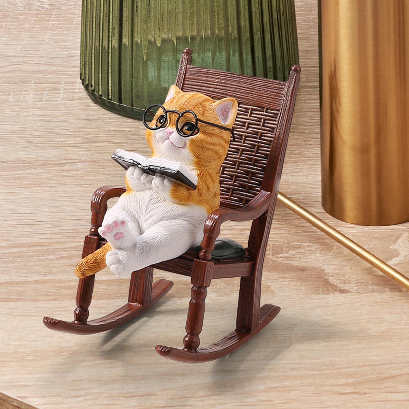 Cat Reading Books Sits on Chair Figurine Sculpture Cute for Table Desk Decor