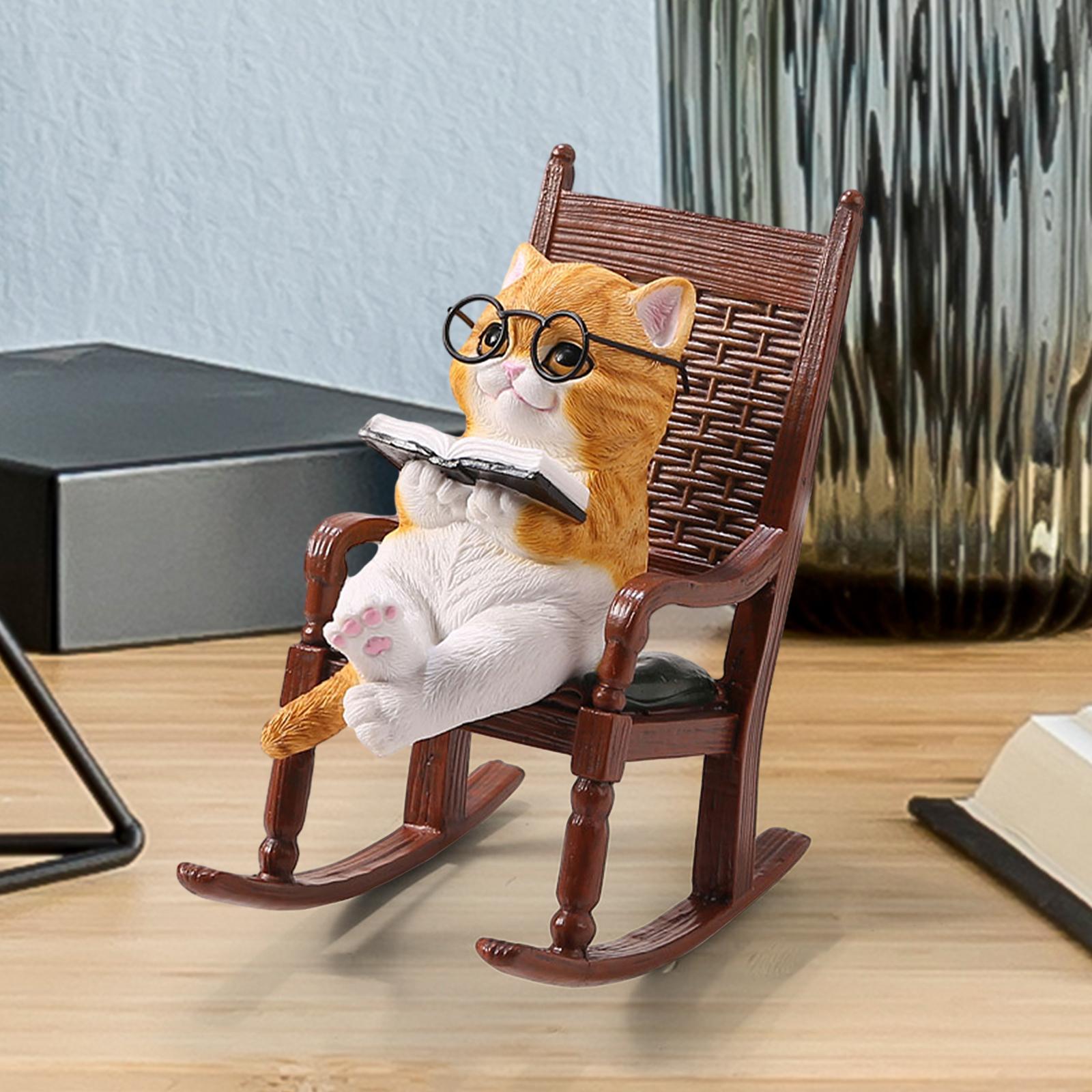 Cat Reading Books Sits on Chair Figurine Sculpture Cute for Table Desk Decor