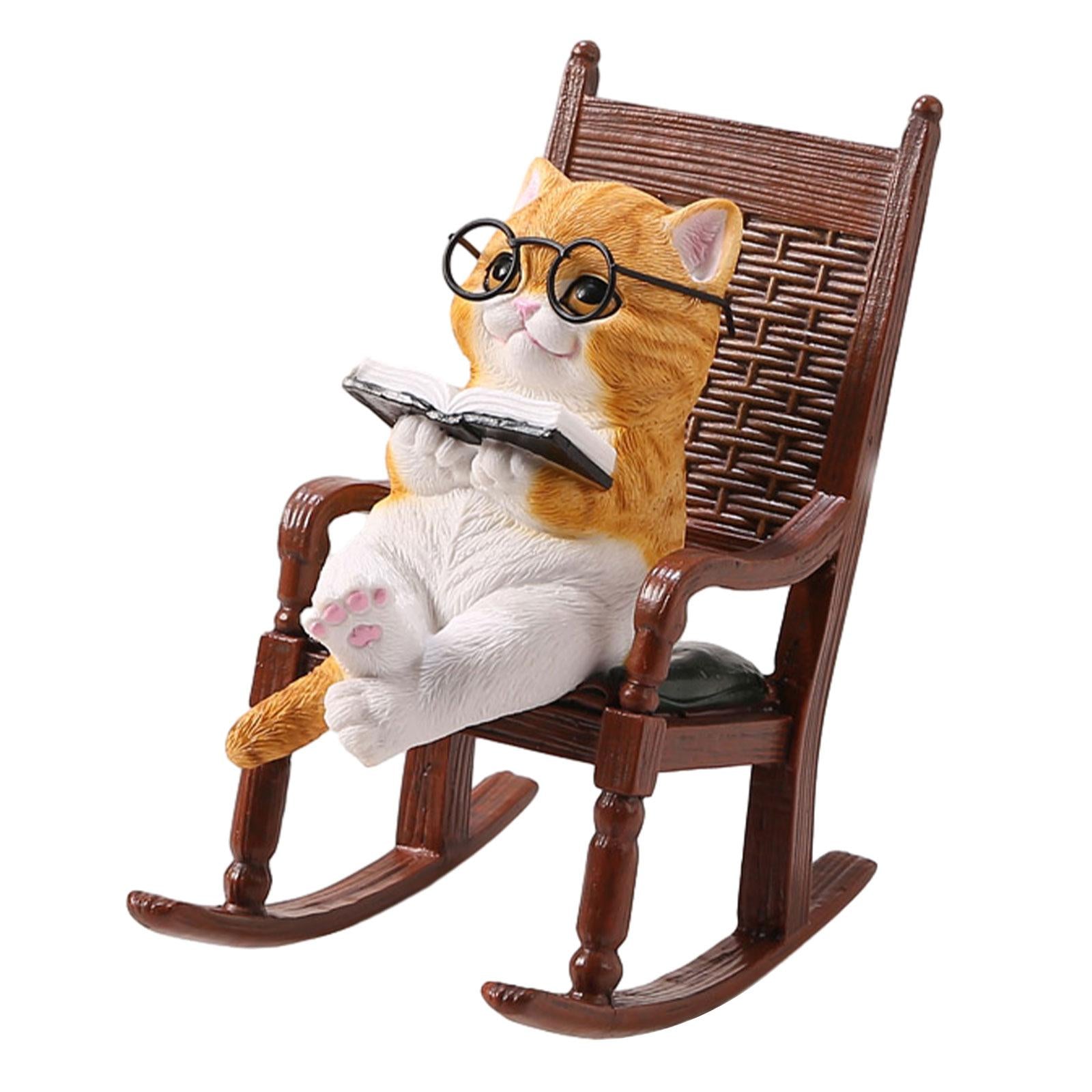 Cat Reading Books Sits on Chair Figurine Sculpture Cute for Table Desk Decor