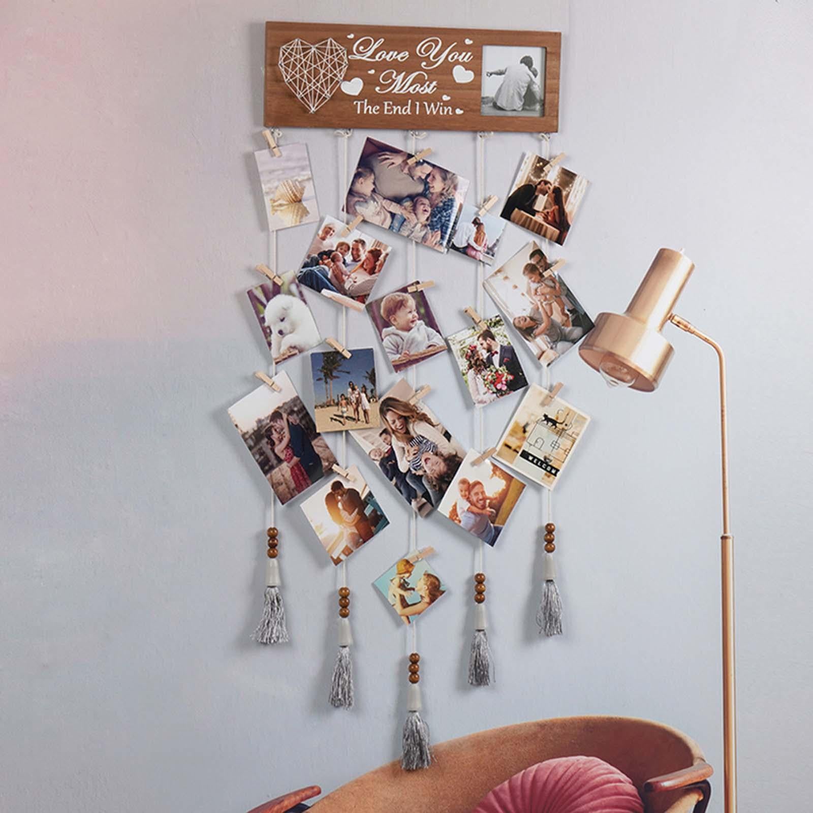 Wall Hanging Photo Display Wooden with Clips for Bedroom Birthday Party Home