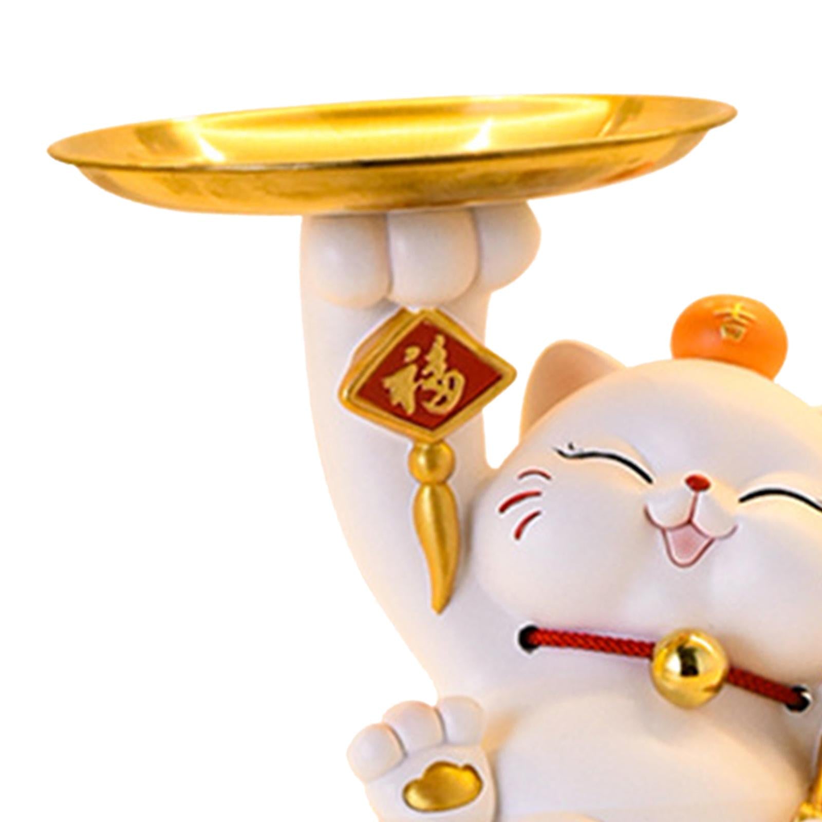 Cute Lucky Cat Statue Home Decor Jewelry Tray for Bookshelf Cabinet Bathroom White