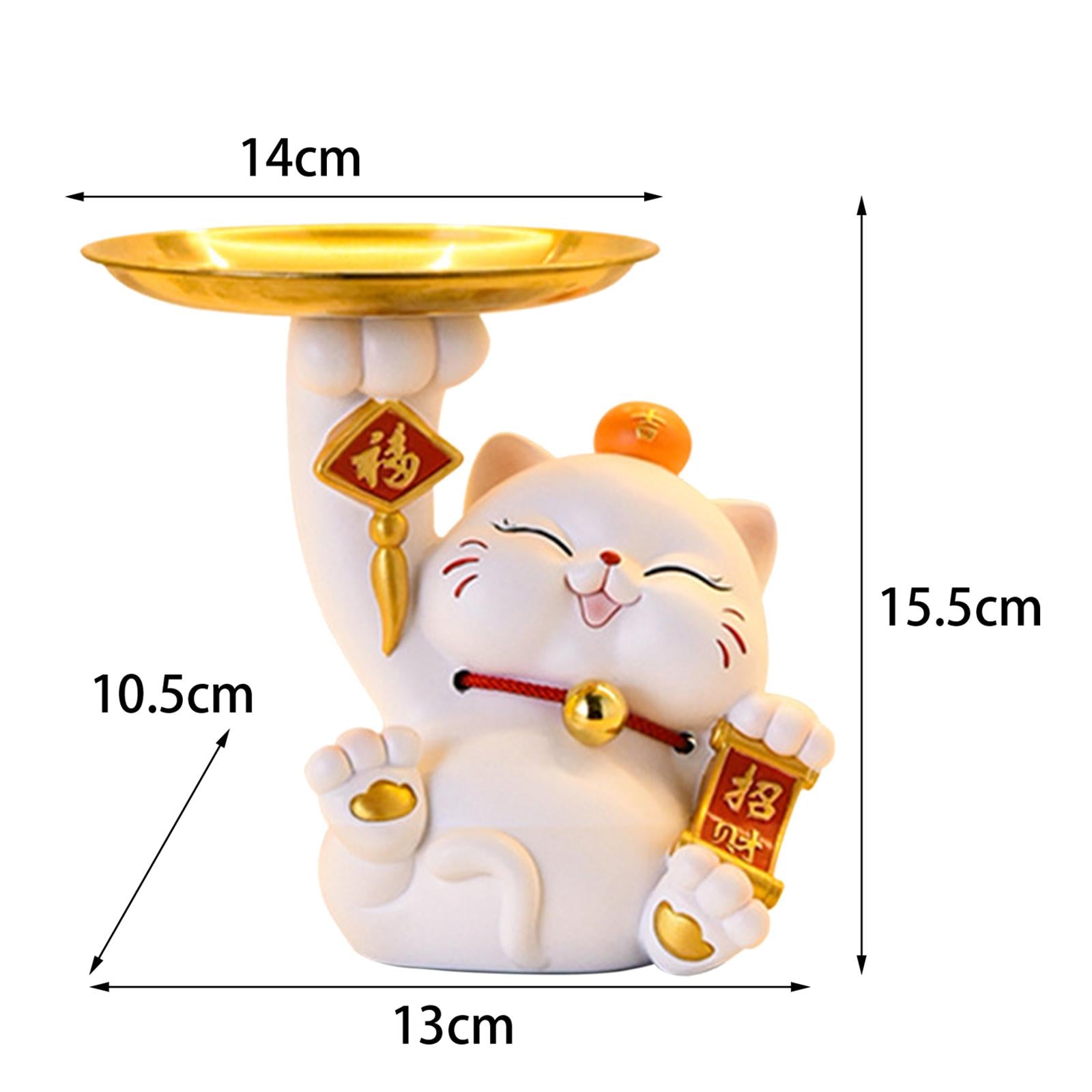 Cute Lucky Cat Statue Home Decor Jewelry Tray for Bookshelf Cabinet Bathroom White