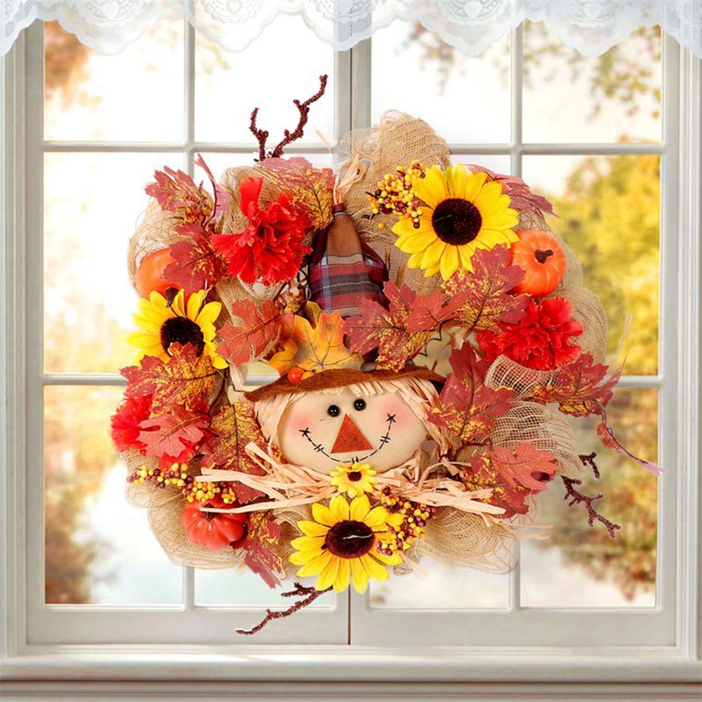 Harvest Fall Wreath Sunflower Front Door Wreath for Holiday Window Halloween 43cmx58.2cm