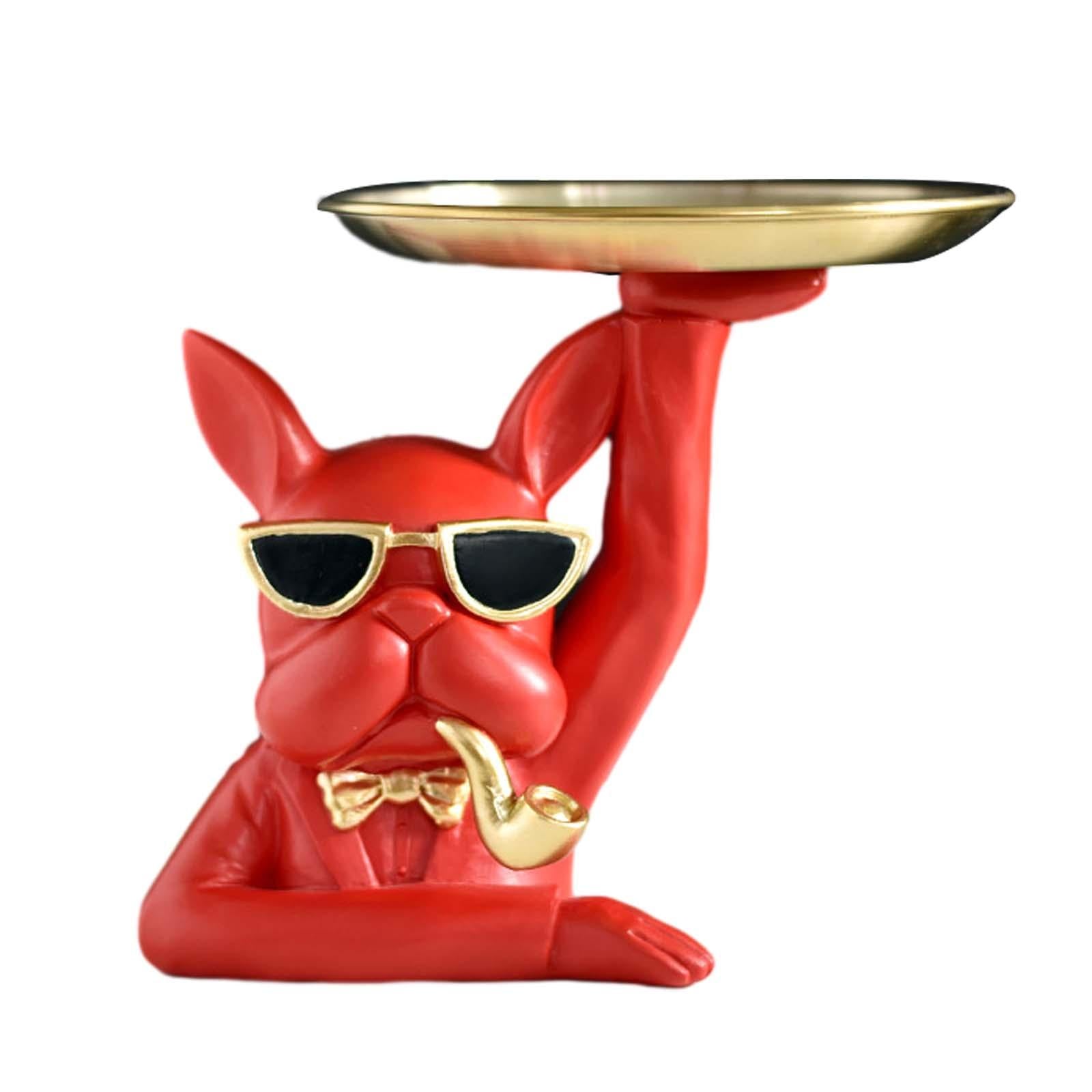 Dog Statue Storage Tray 17cm Diameter Tray Bulldog Figurine for Home Bedroom Red
