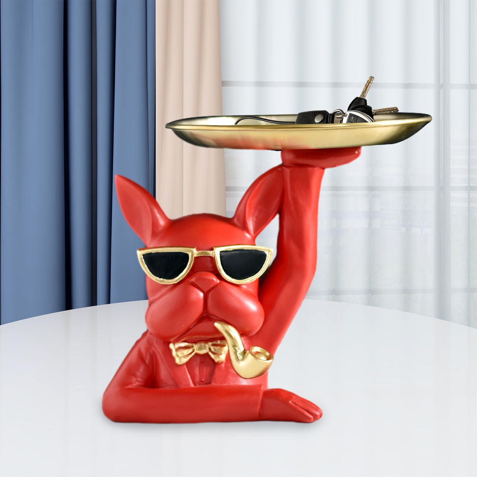 Dog Statue Storage Tray 17cm Diameter Tray Bulldog Figurine for Home Bedroom Red