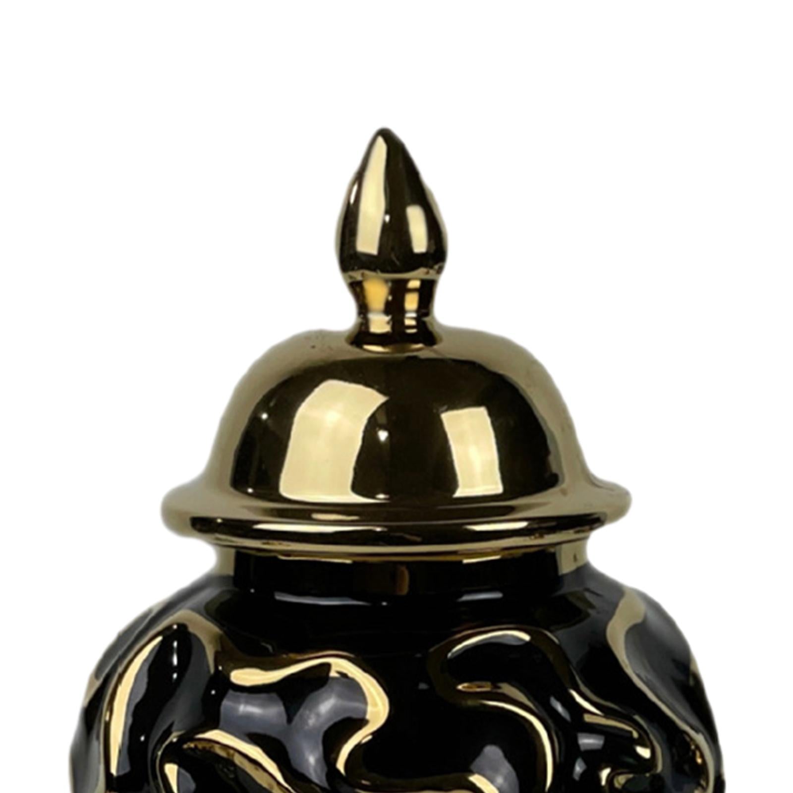 Porcelain Ginger Jar with Lid Traditional Decor Jar Ceramic Flower Vase Black 15x15x29cm