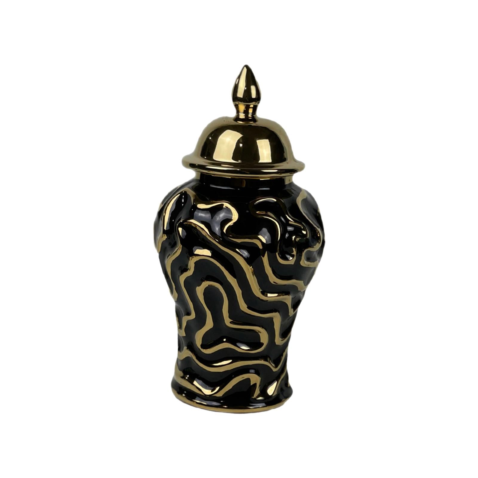 Porcelain Ginger Jar with Lid Traditional Decor Jar Ceramic Flower Vase Black 15x15x29cm