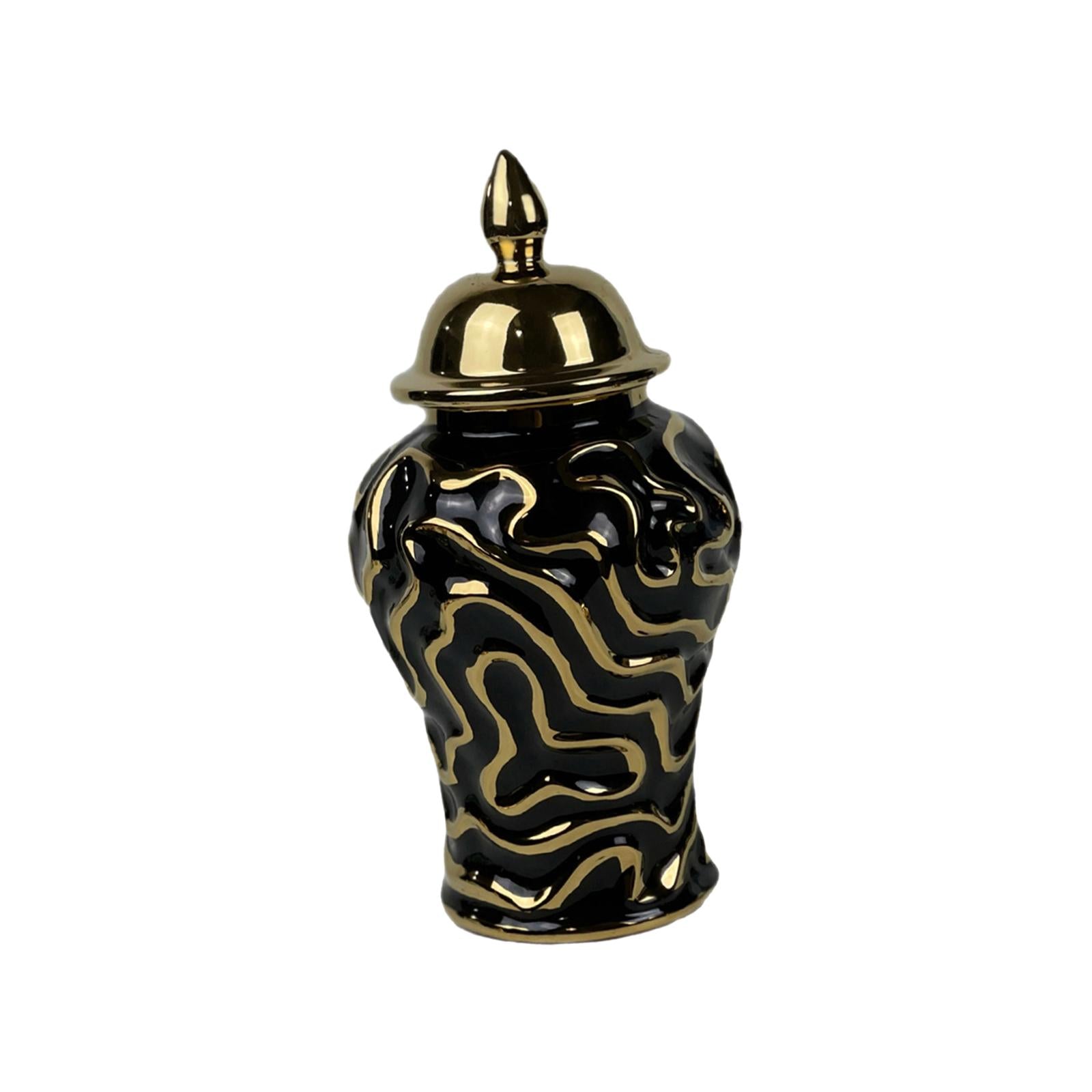 Porcelain Ginger Jar with Lid Traditional Decor Jar Ceramic Flower Vase Black 15x15x29cm