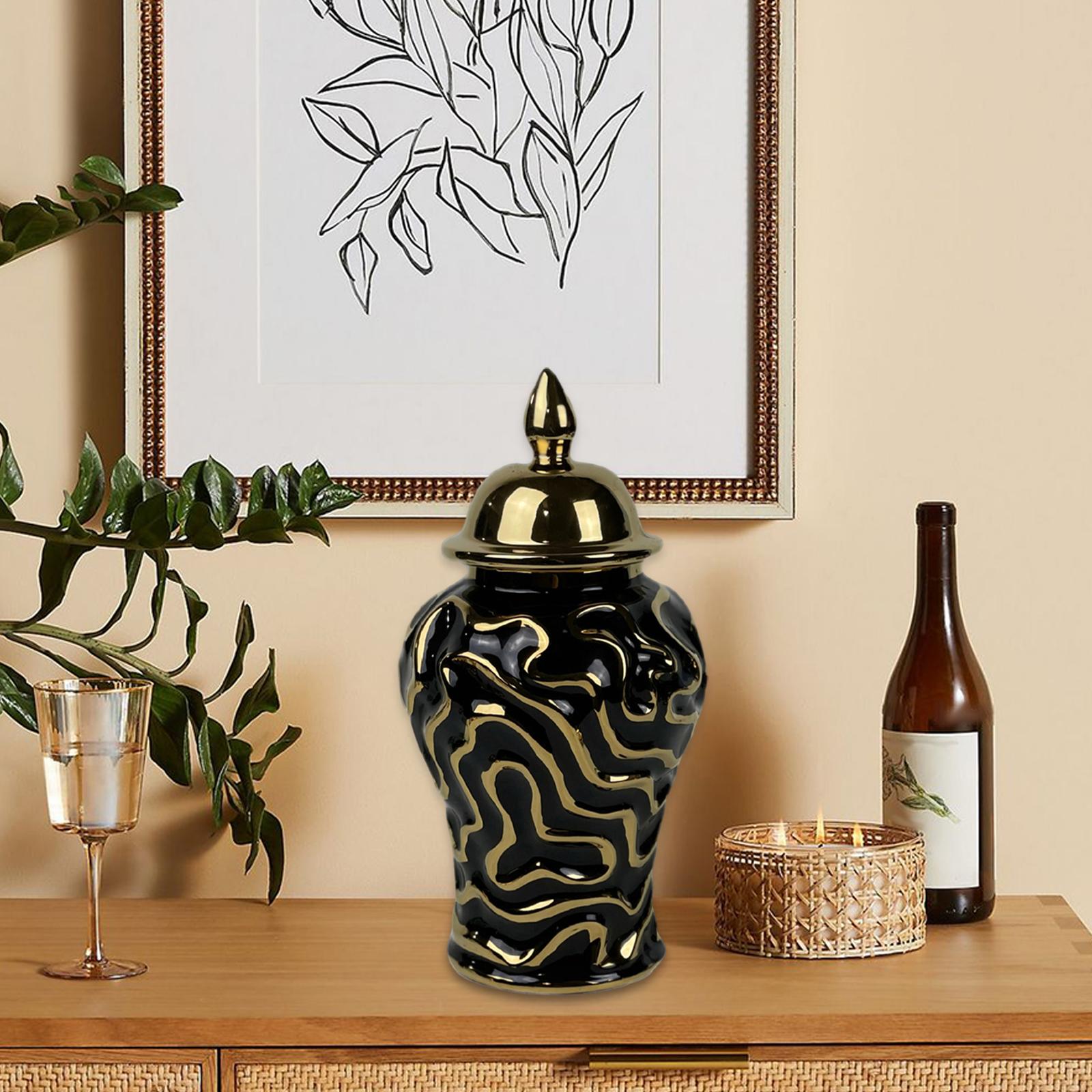 Porcelain Ginger Jar with Lid Traditional Decor Jar Ceramic Flower Vase Black 15x15x29cm