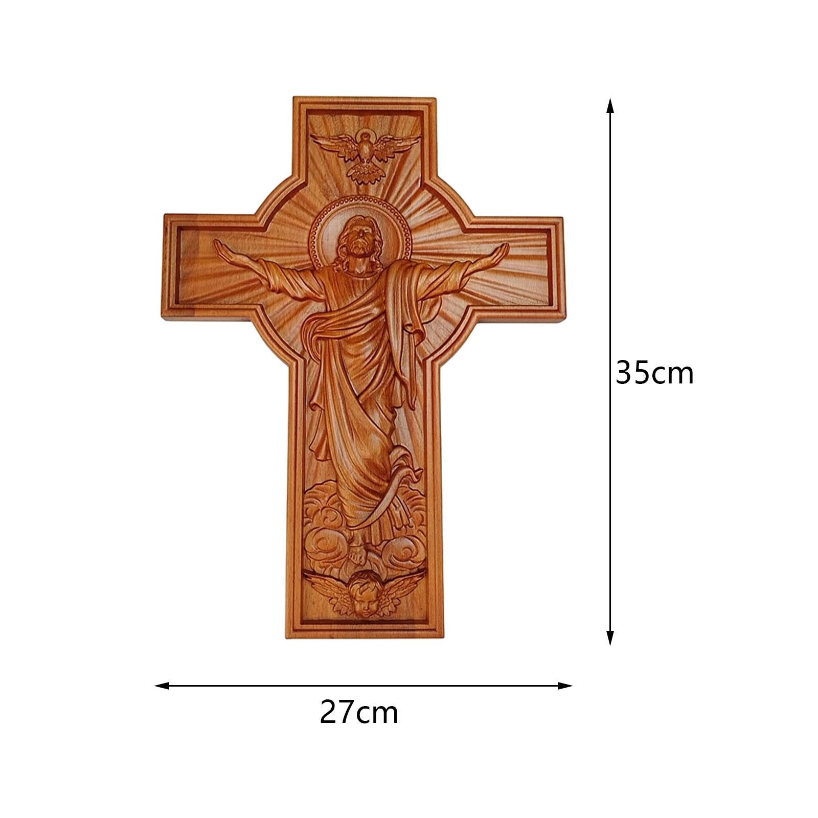 Crucifix Savior Jesus Wooden Wall Cross Hand Carving for Housewarming Sturdy 35x27x2.5cm