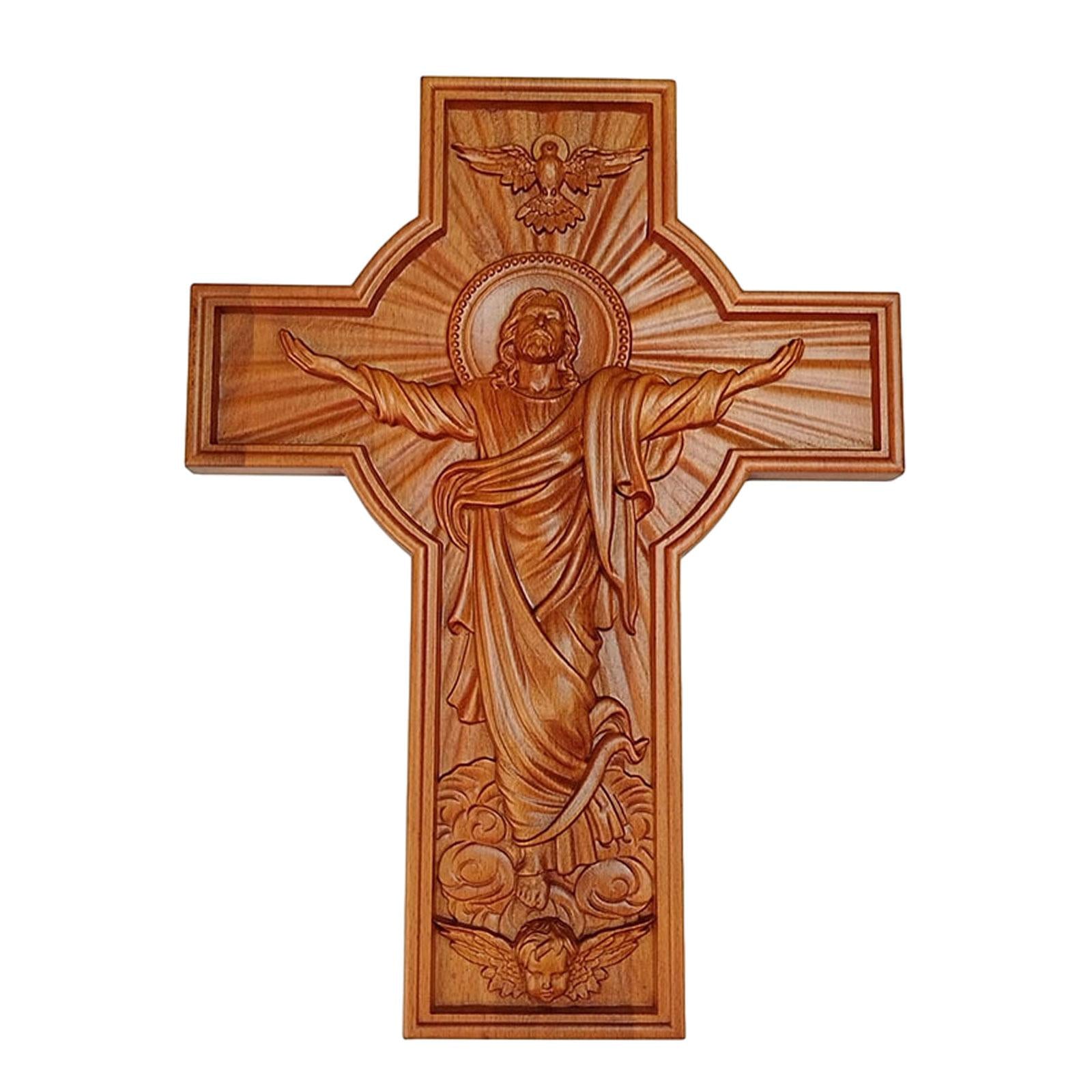 Crucifix Savior Jesus Wooden Wall Cross Hand Carving for Housewarming Sturdy 35x27x2.5cm