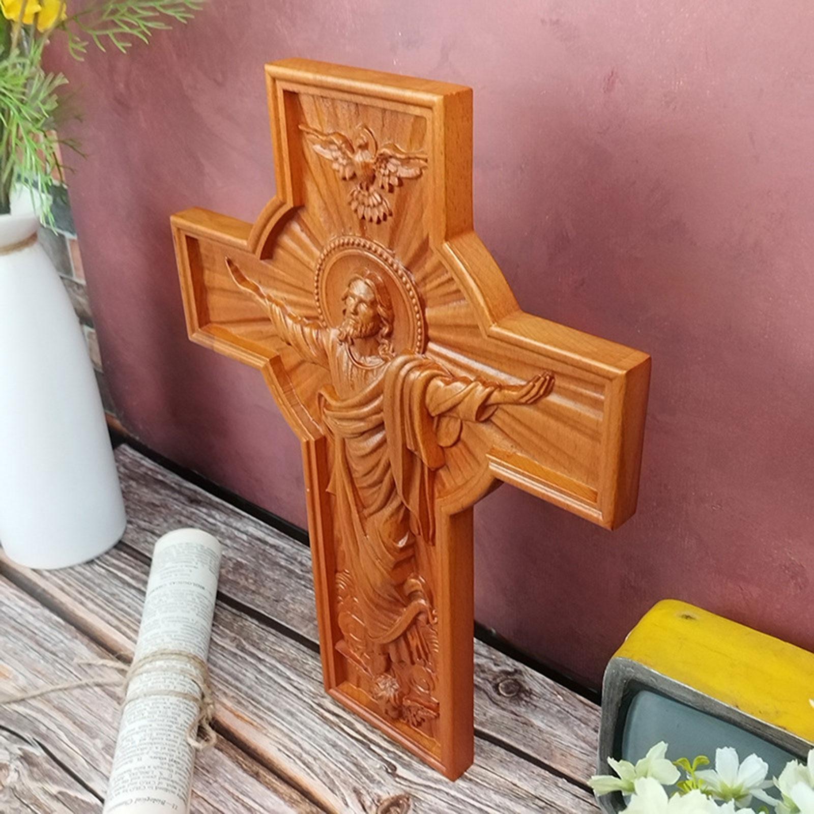Crucifix Savior Jesus Wooden Wall Cross Hand Carving for Housewarming Sturdy 50x39x3.5cm