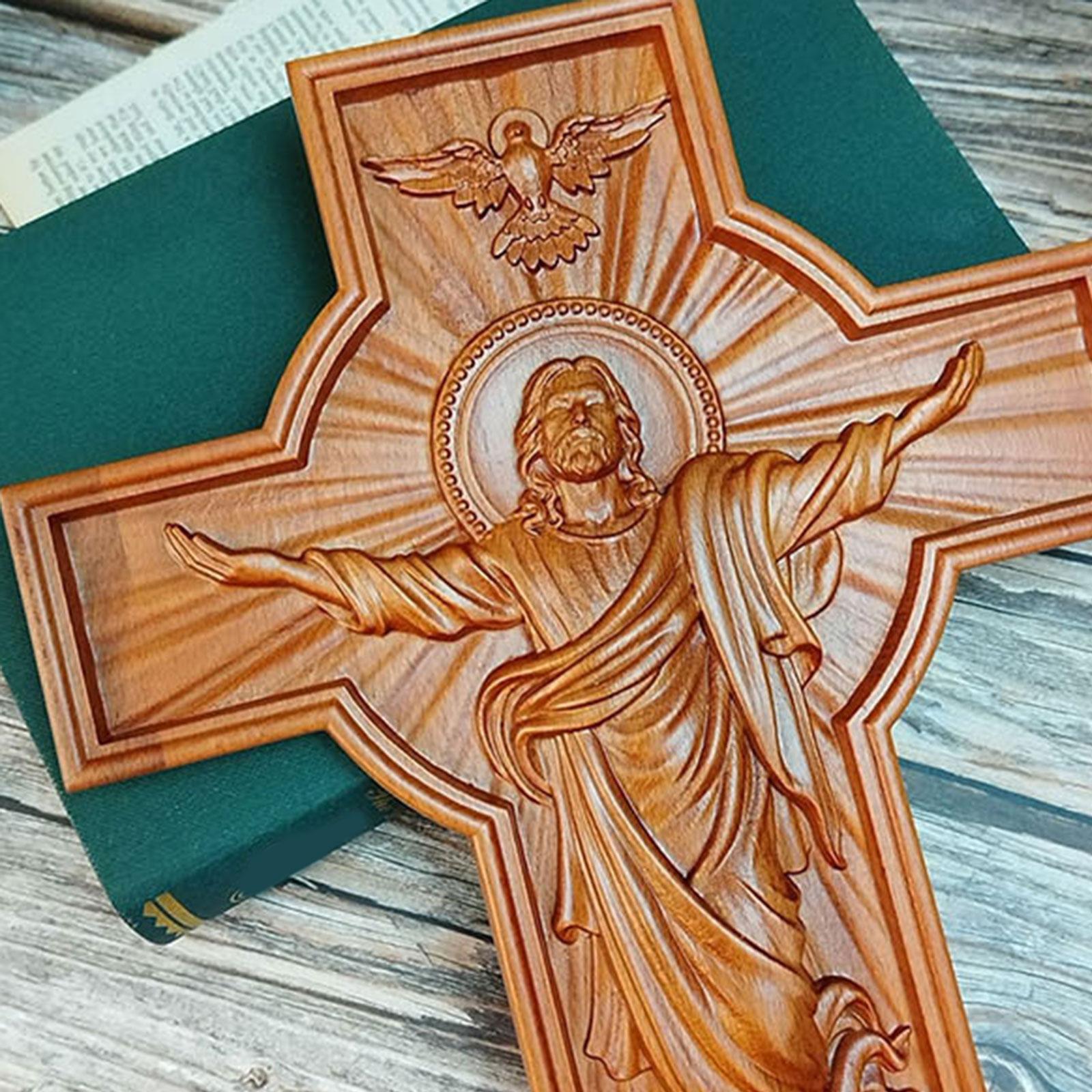 Crucifix Savior Jesus Wooden Wall Cross Hand Carving for Housewarming Sturdy 50x39x3.5cm