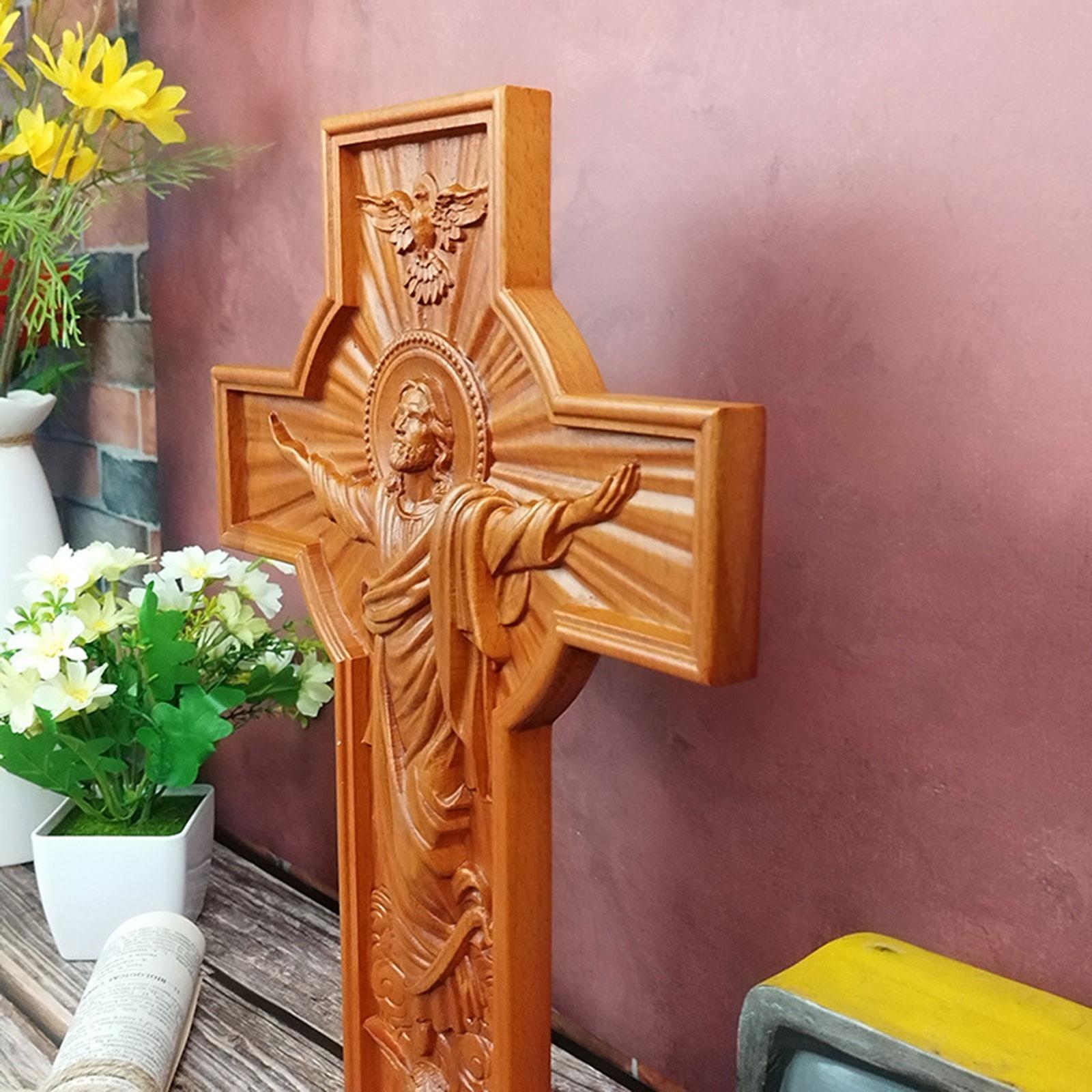Crucifix Savior Jesus Wooden Wall Cross Hand Carving for Housewarming Sturdy 50x39x3.5cm