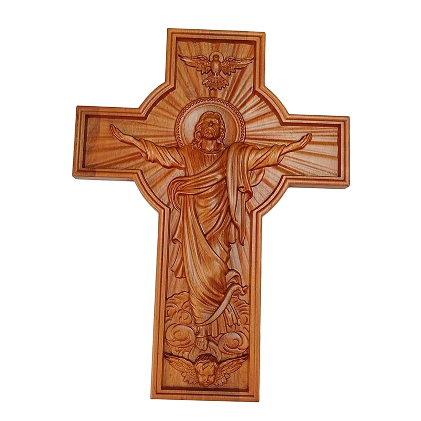 Crucifix Savior Jesus Wooden Wall Cross Hand Carving for Housewarming Sturdy 50x39x3.5cm
