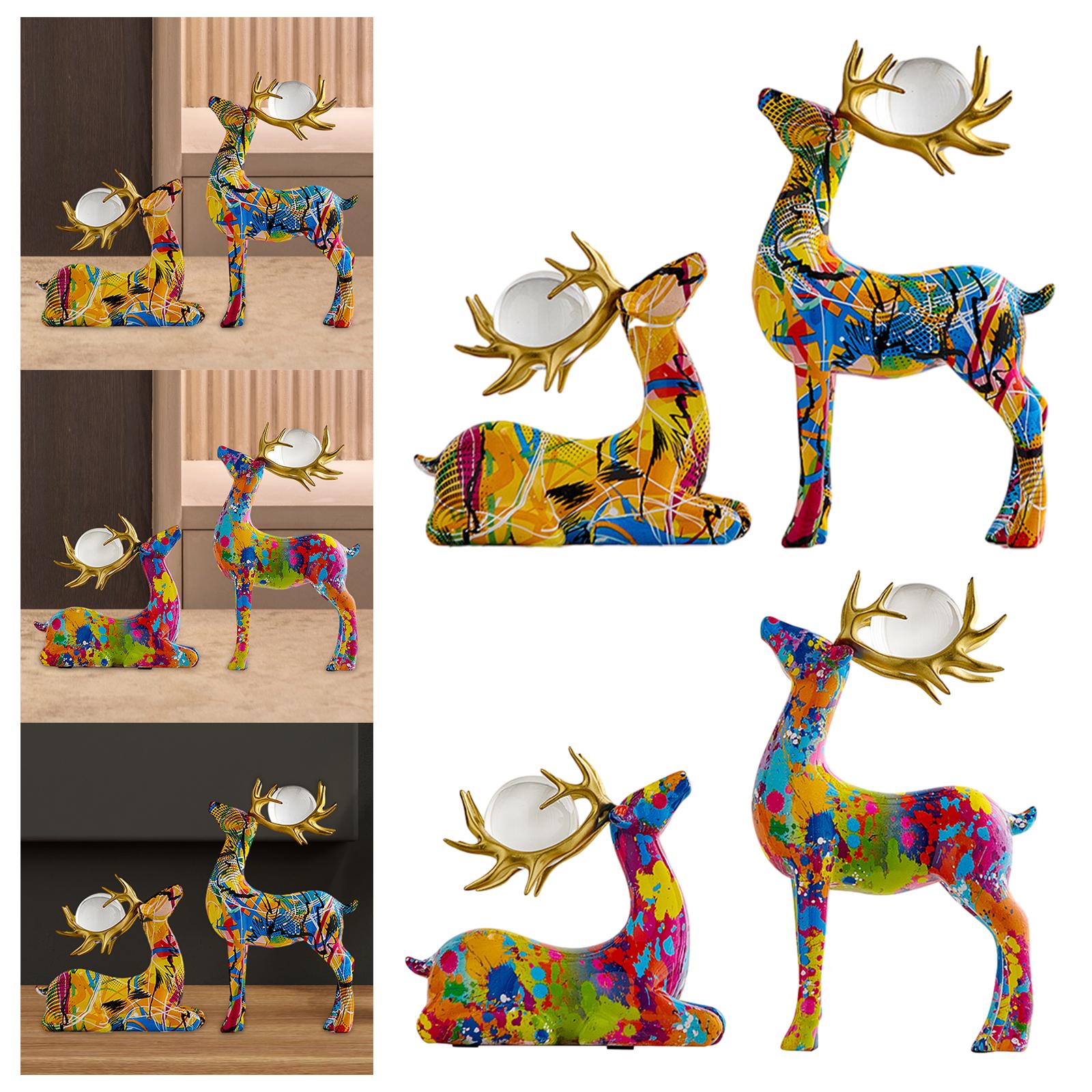 2x Deer Statue Reindeer Figurine with Ball Collection for Desk Shelf Wedding Line Colorful