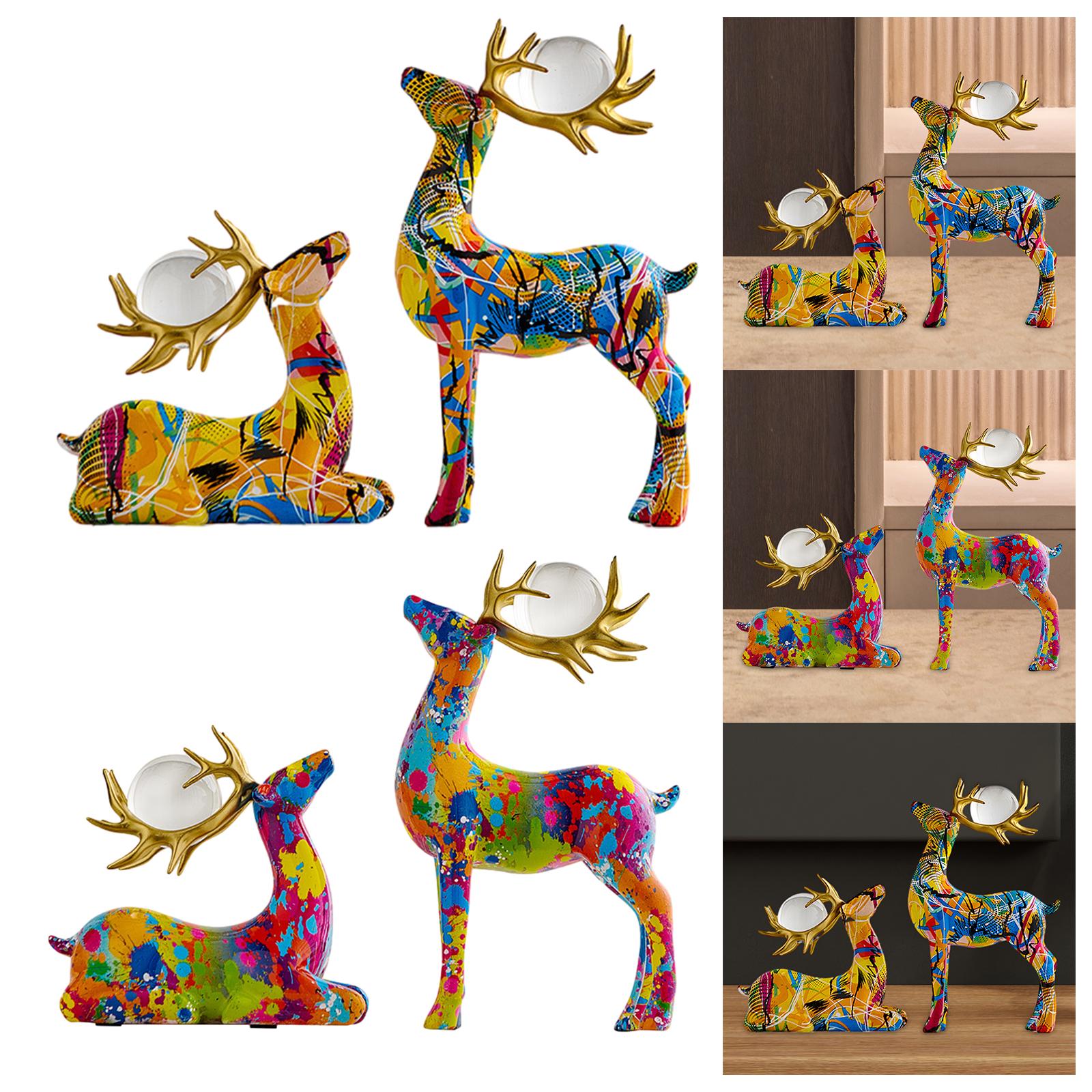 2x Deer Statue Reindeer Figurine with Ball Collection for Desk Shelf Wedding Line Colorful