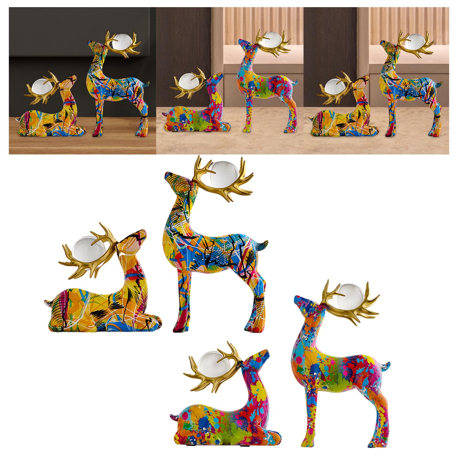 2x Deer Statue Reindeer Figurine with Ball Collection for Desk Shelf Wedding Line Colorful