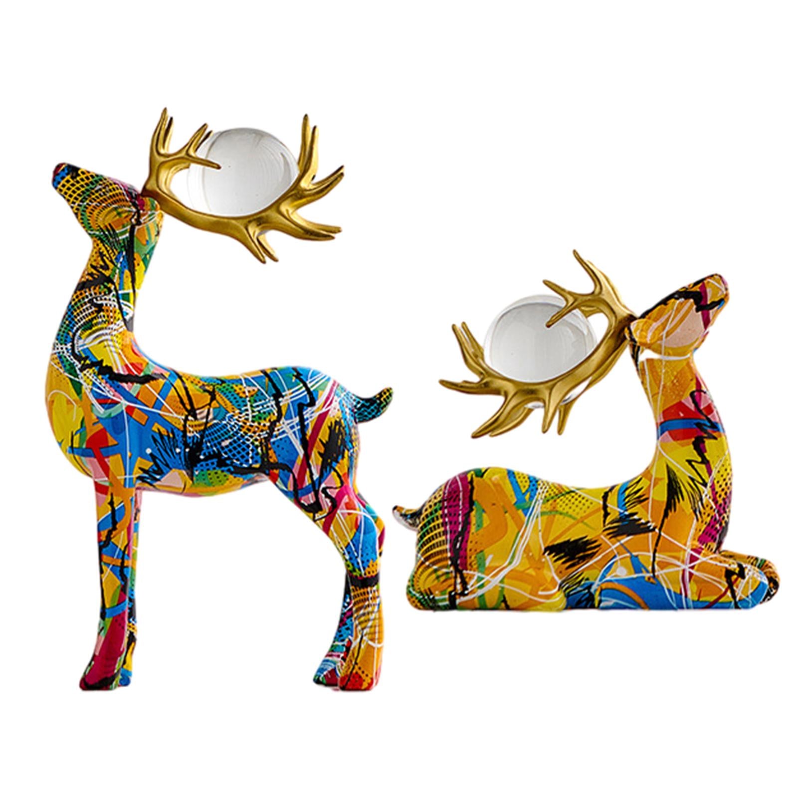 2x Deer Statue Reindeer Figurine with Ball Collection for Desk Shelf Wedding Line Colorful