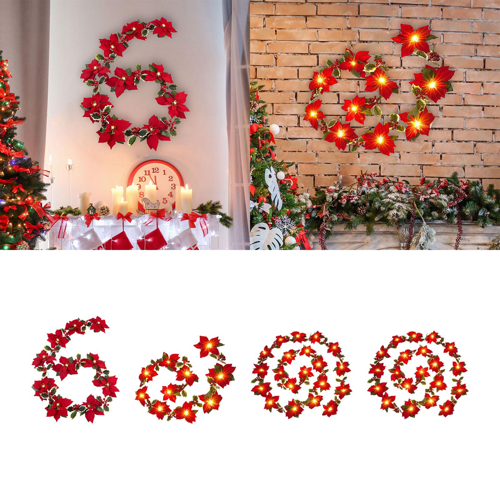 Artificial Poinsettia Garland for Wedding Party Home Decor Fireplace Mantles 2 meters 10 lights A
