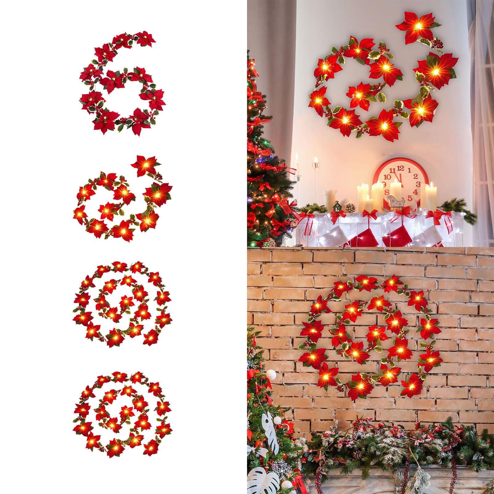 Artificial Poinsettia Garland for Wedding Party Home Decor Fireplace Mantles 2 meters 10 lights A
