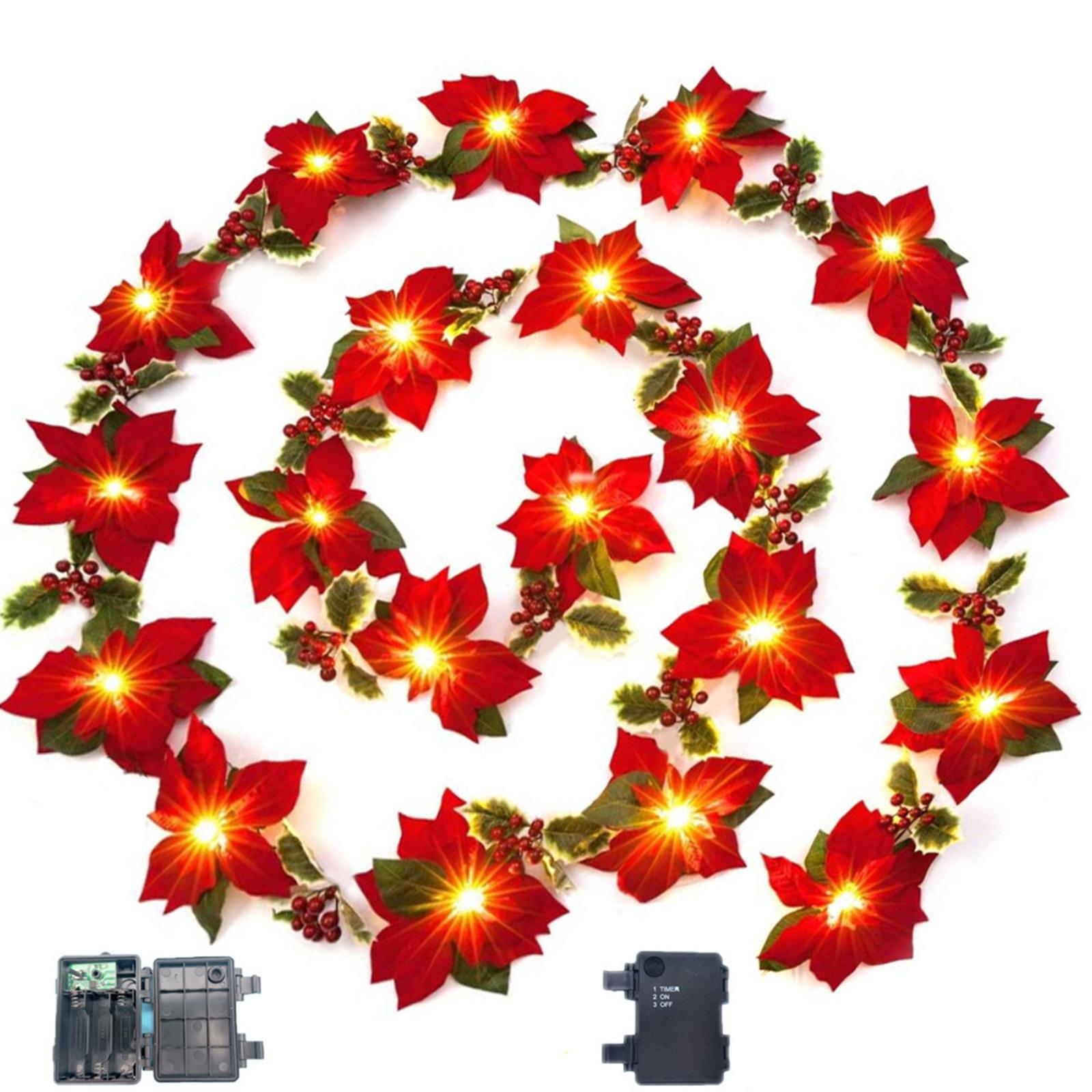 Artificial Poinsettia Garland for Wedding Party Home Decor Fireplace Mantles 2 meters 10 lights B