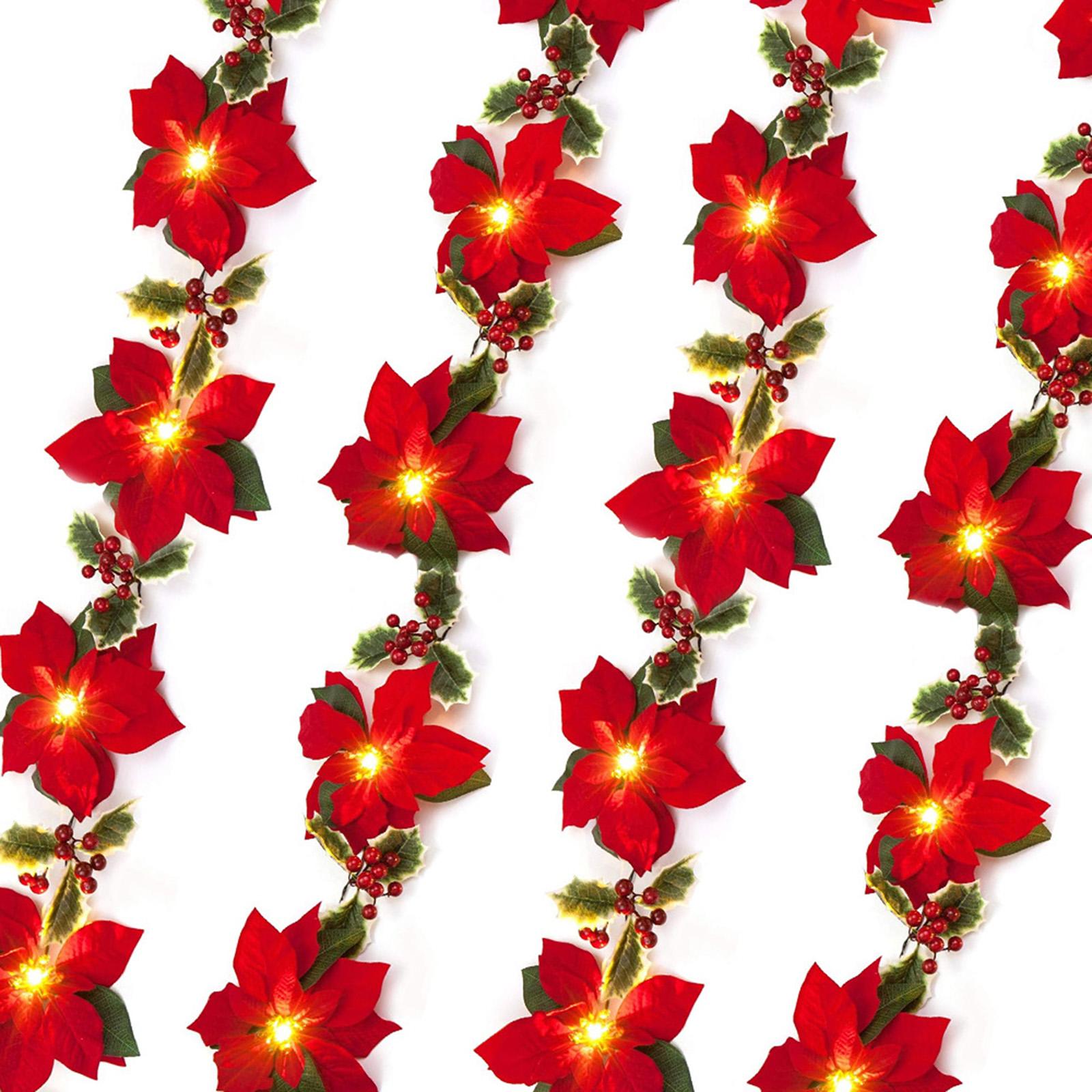 Artificial Poinsettia Garland for Wedding Party Home Decor Fireplace Mantles 2 meters 20 lights