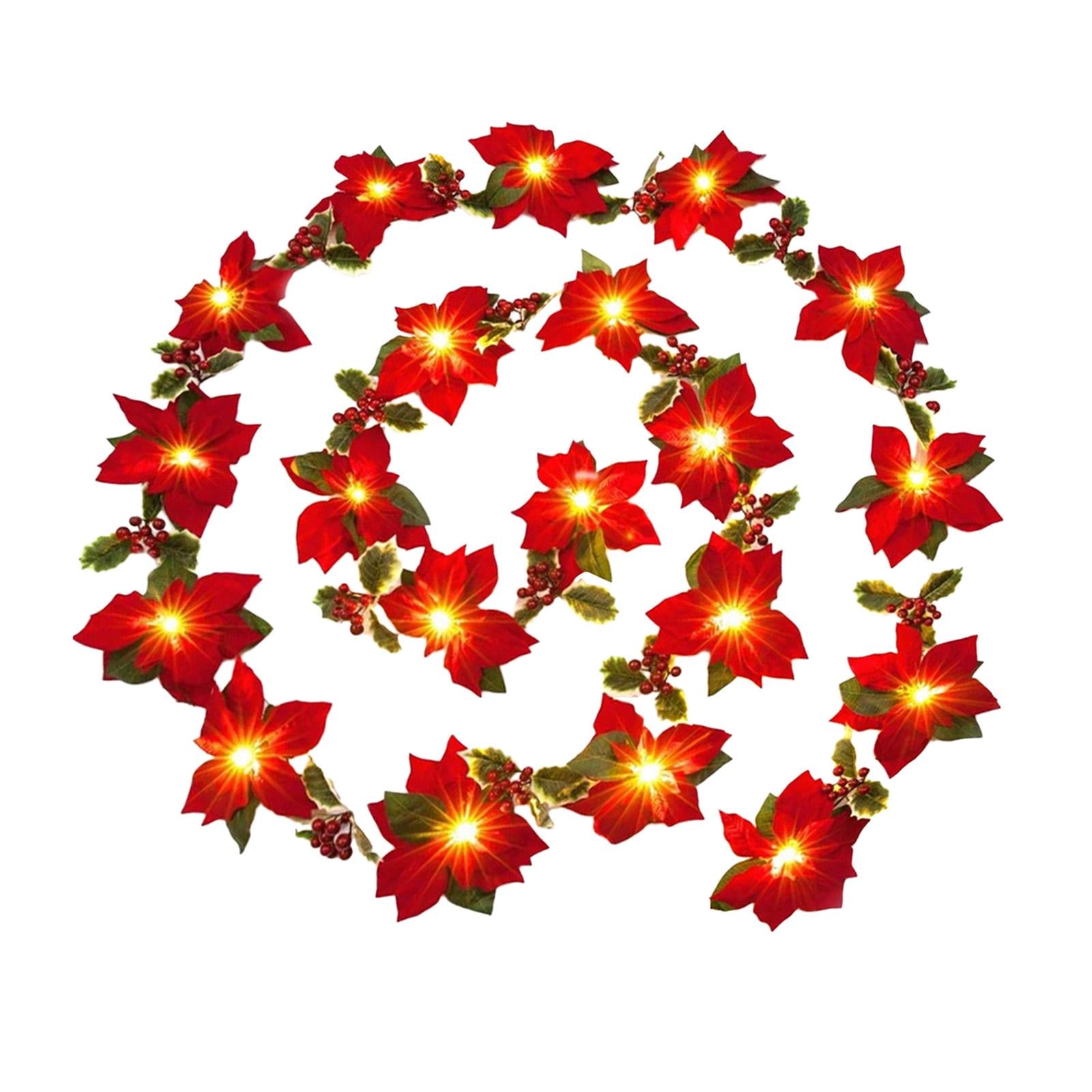 Artificial Poinsettia Garland for Wedding Party Home Decor Fireplace Mantles 2 meters 20 lights