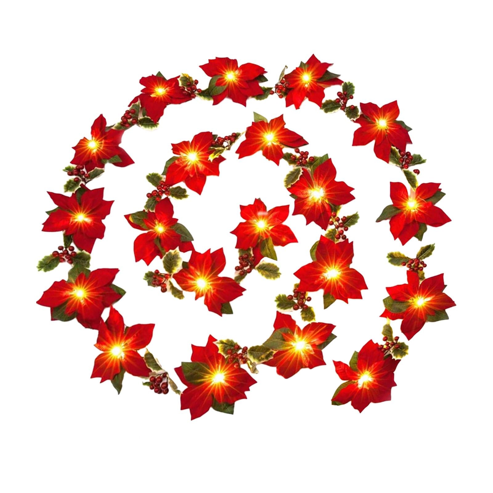 Artificial Poinsettia Garland for Wedding Party Home Decor Fireplace Mantles 2 meters 20 lights