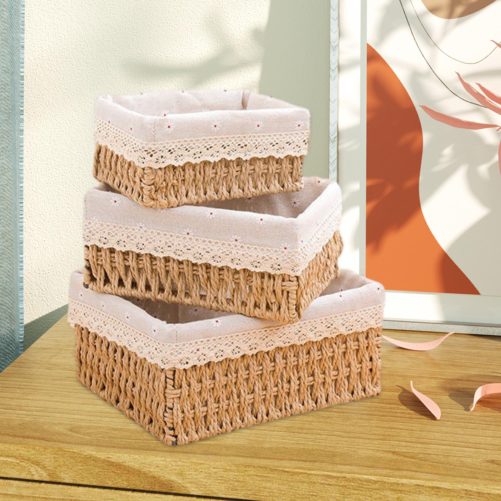 3Pcs Desktop Storage Baskets Cabinet Organizer for Living Room Closet Khaki no Lid
