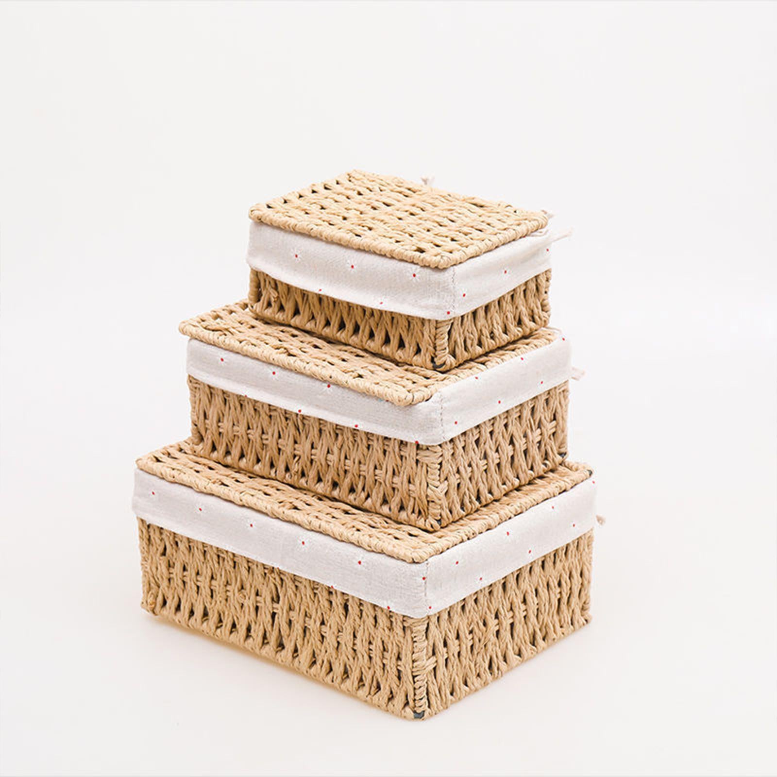 Desktop Storage Basket Stackable Cabinet Organizer for Vanity Shelves Closet Khaki M with Lid