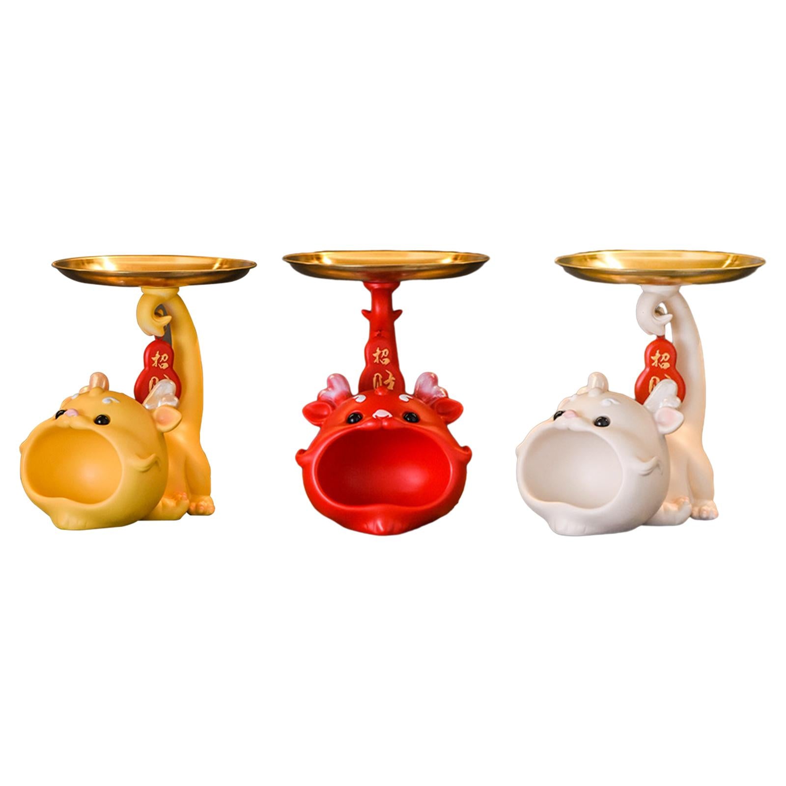 Resin Chinese Dragon Statue with Tray Cute Dragon Decoration for Home Indoor yellow