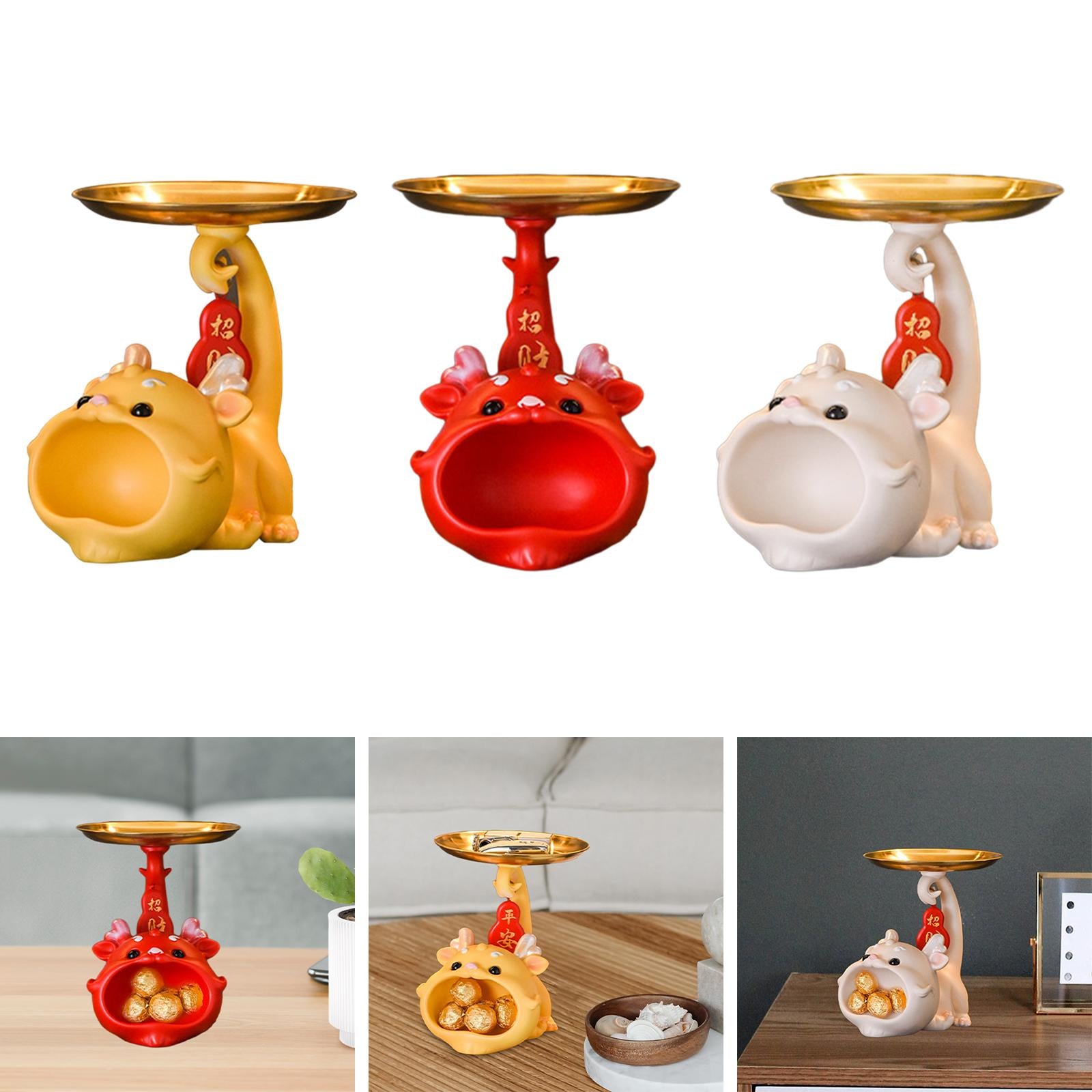 Resin Chinese Dragon Statue with Tray Cute Dragon Decoration for Home Indoor yellow