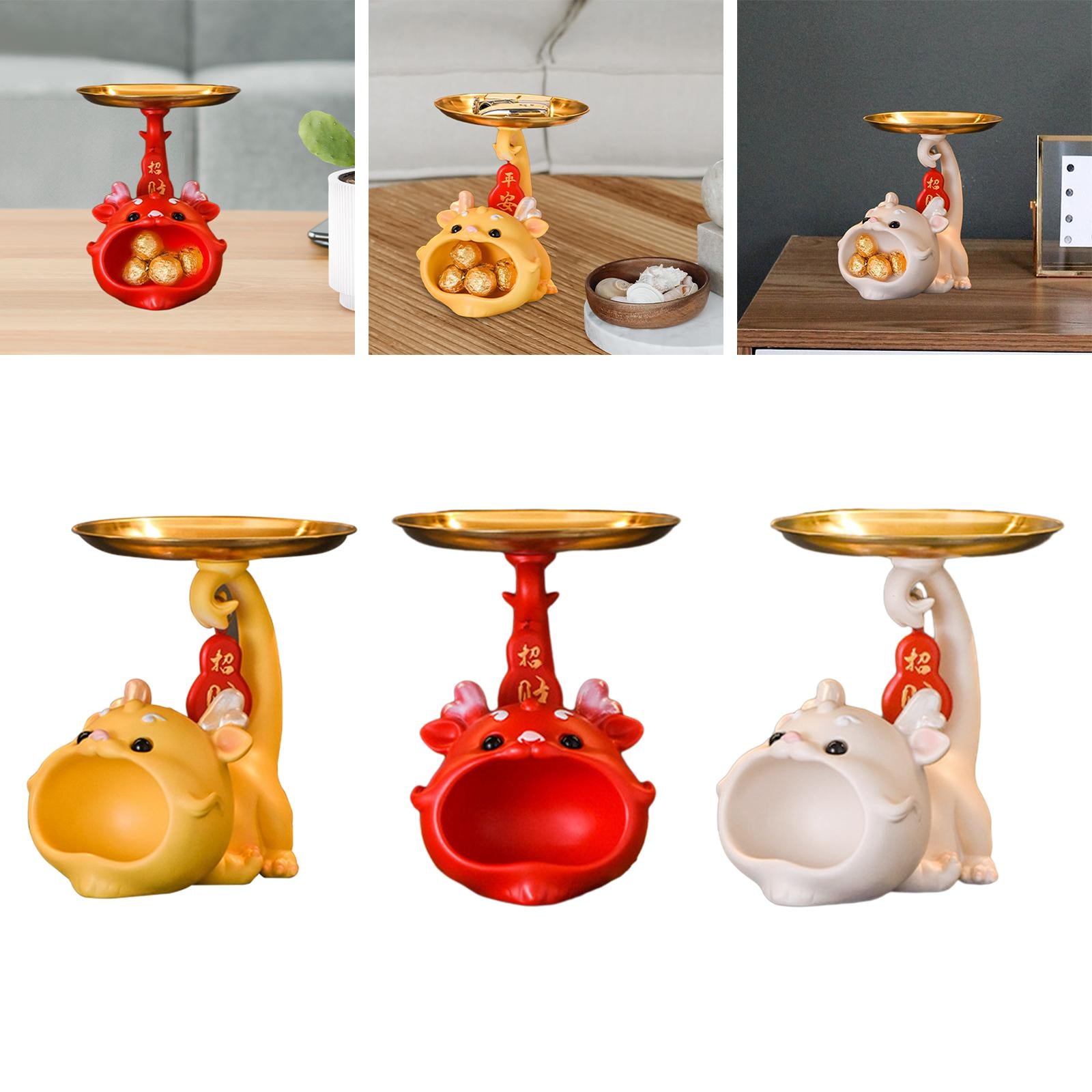 Resin Chinese Dragon Statue with Tray Cute Dragon Decoration for Home Indoor yellow