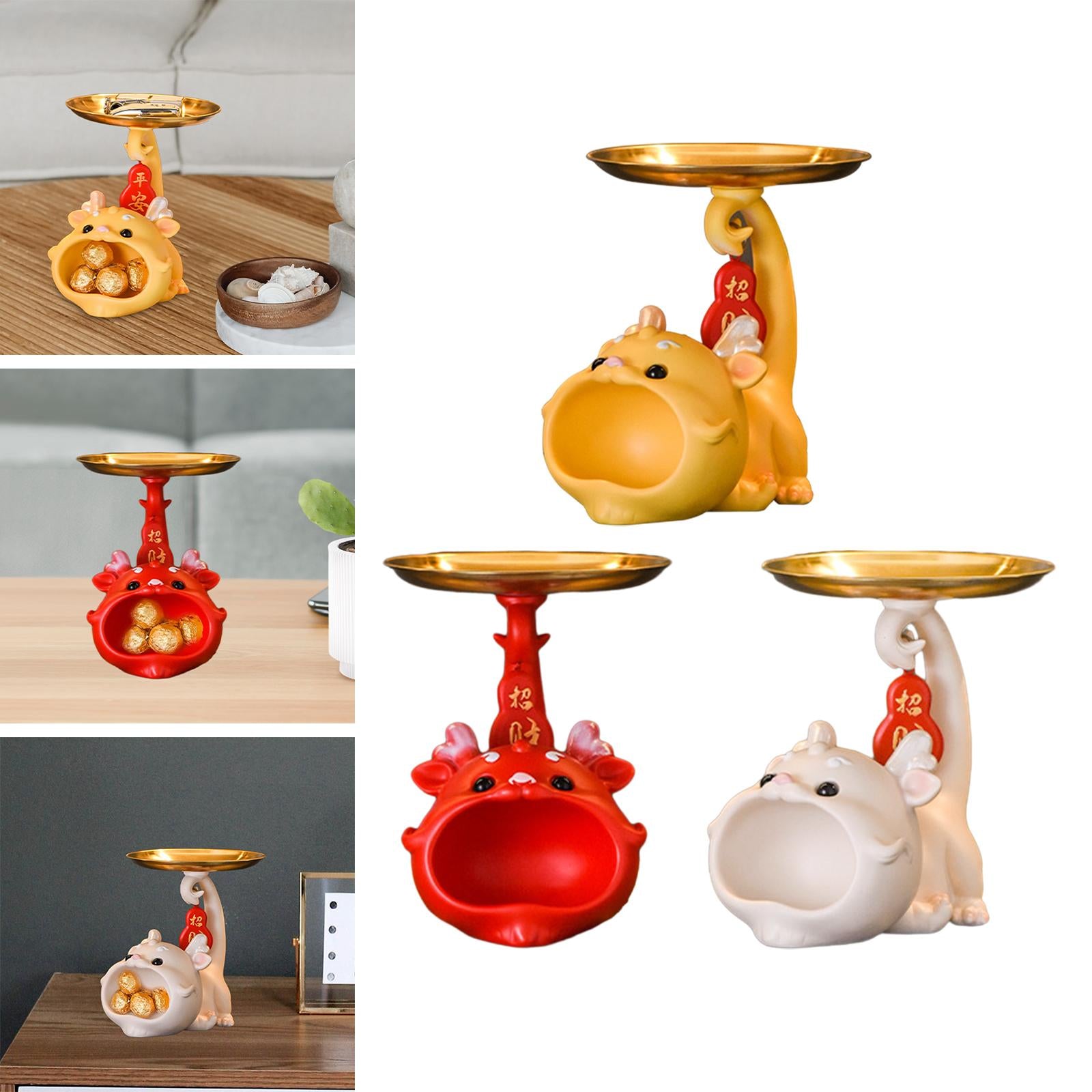 Resin Chinese Dragon Statue with Tray Cute Dragon Decoration for Home Indoor yellow