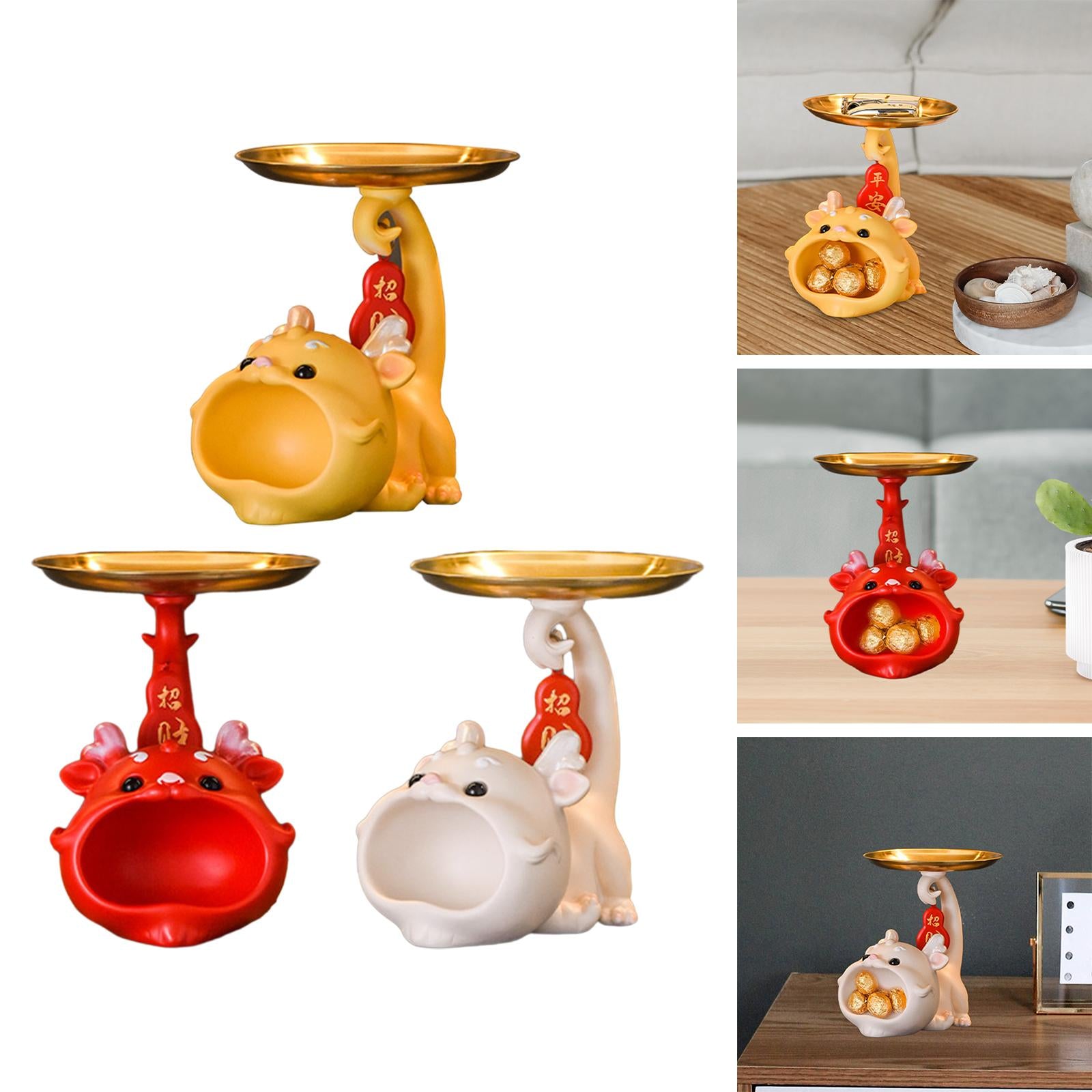 Resin Chinese Dragon Statue with Tray Cute Dragon Decoration for Home Indoor yellow