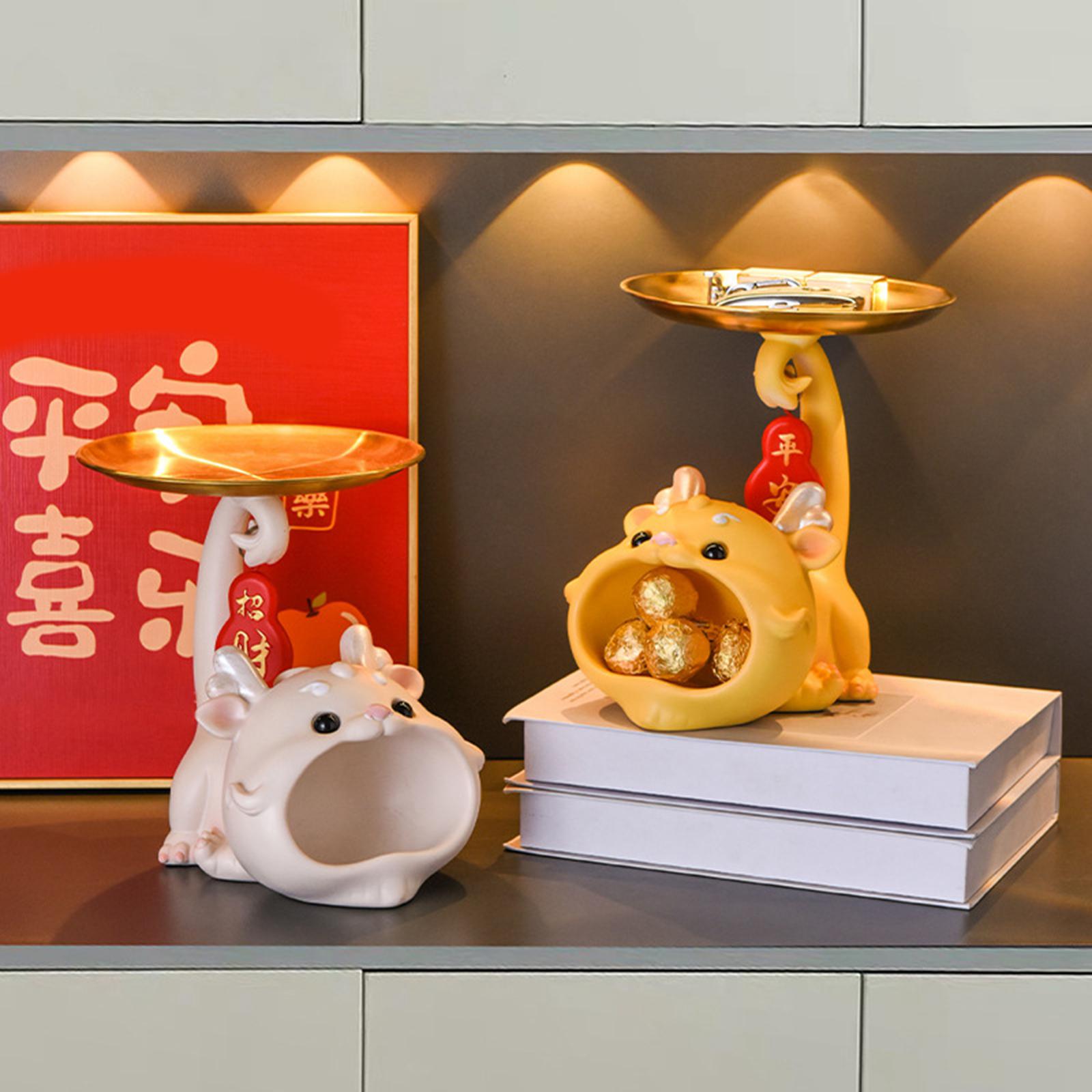 Resin Chinese Dragon Statue with Tray Cute Dragon Decoration for Home Indoor yellow