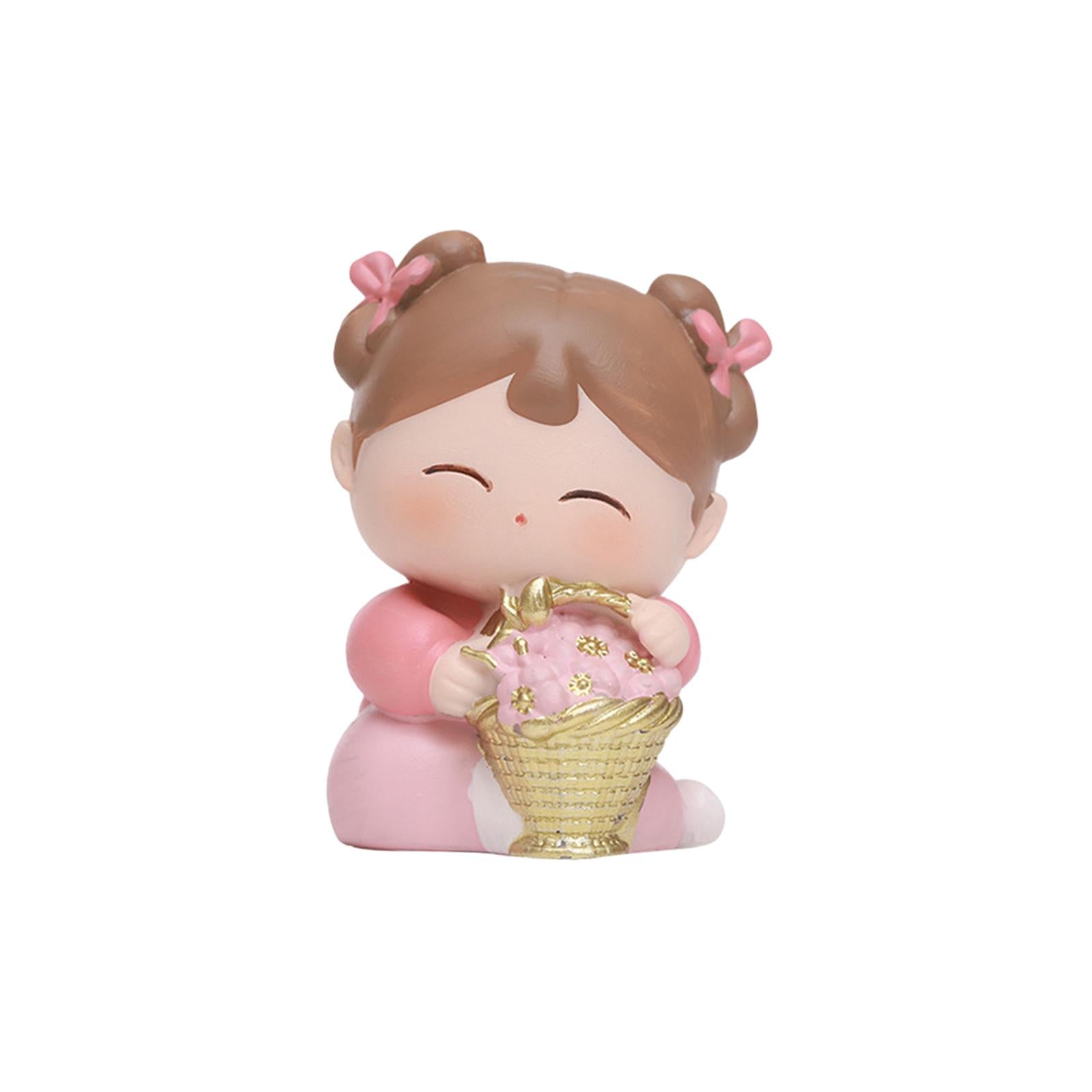 Traditional Chinese Girls Statue Resin Sculpture Cabinet Miniature Figurines 4cmx3.5cmx6cm with Flower Basket