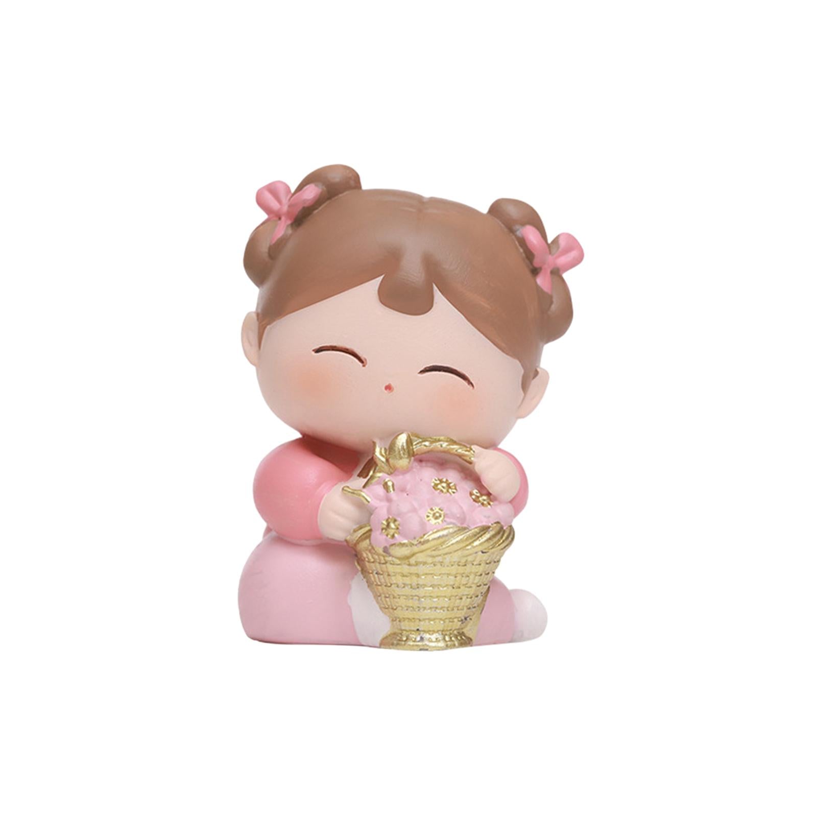 Traditional Chinese Girls Statue Resin Sculpture Cabinet Miniature Figurines 4cmx3.5cmx6cm with Flower Basket