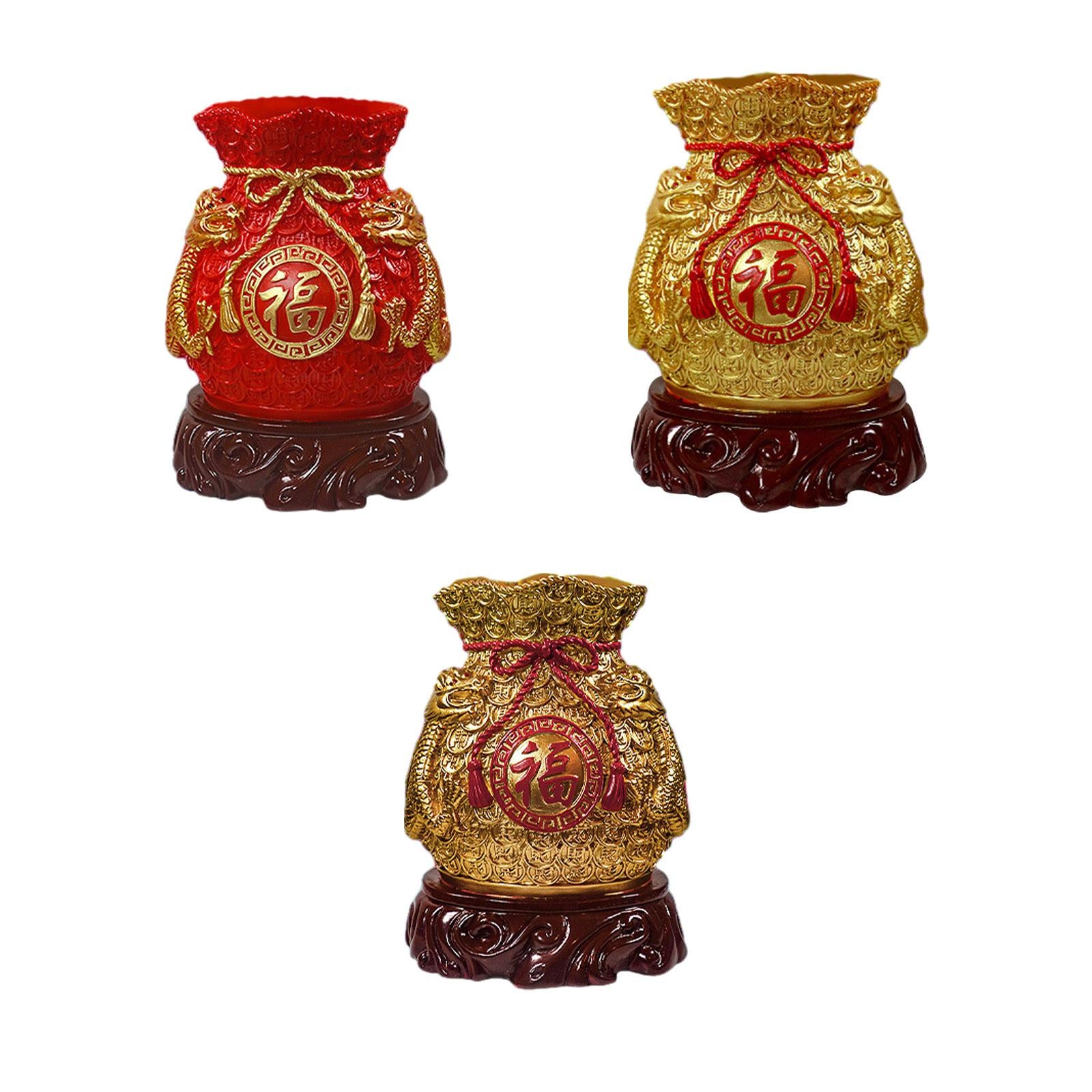 Chinese New Year Feng Shui Blessing Bag Vase Decor Sculpture for Living Room Dark Gold