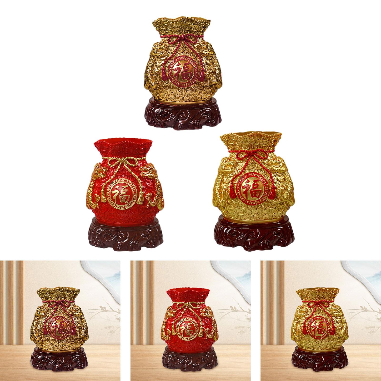 Chinese New Year Feng Shui Blessing Bag Vase Decor Sculpture for Living Room Dark Gold