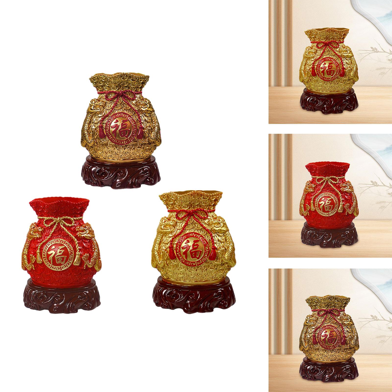 Chinese New Year Feng Shui Blessing Bag Vase Decor Sculpture for Living Room Dark Gold