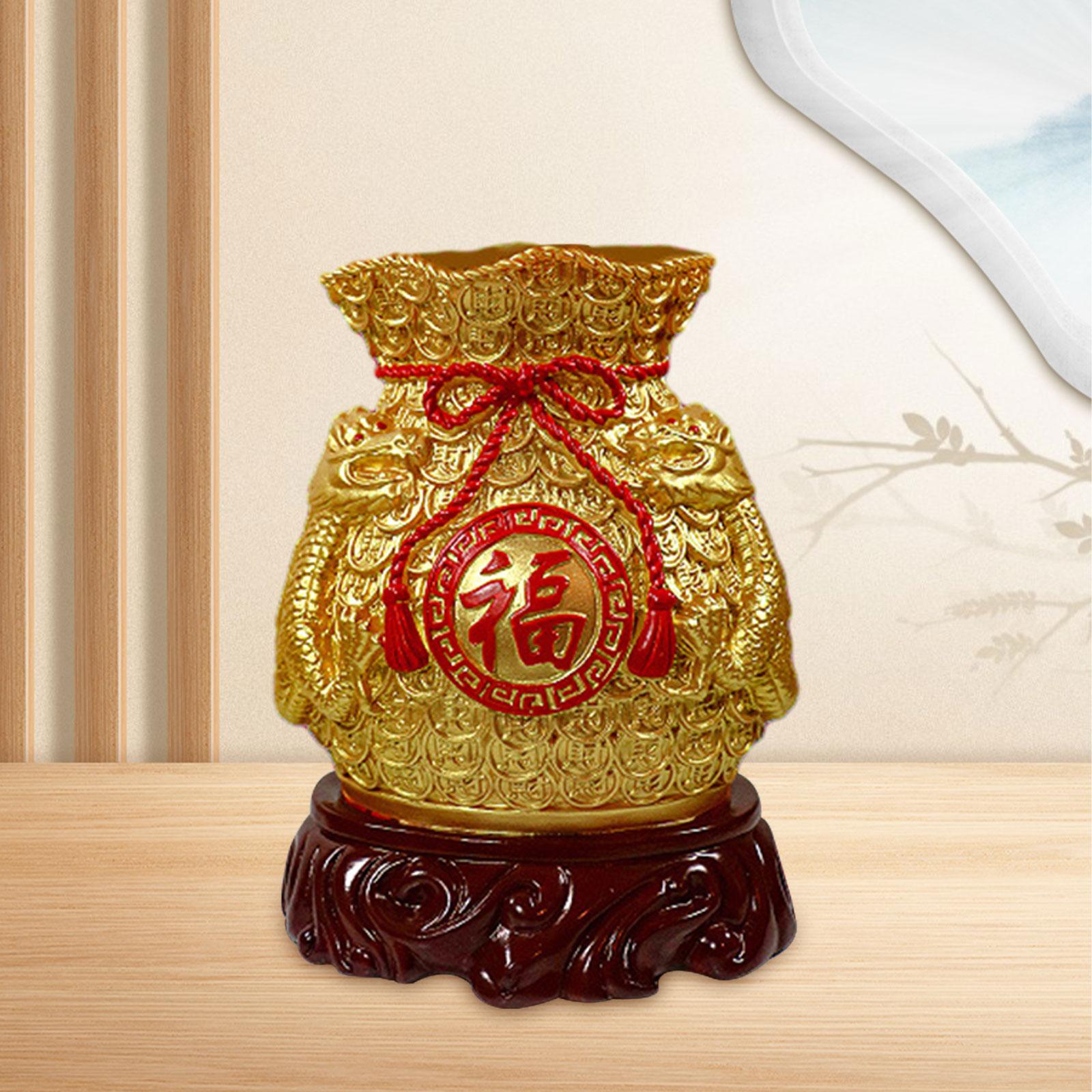 Chinese New Year Feng Shui Blessing Bag Vase Decor Sculpture for Living Room Gold