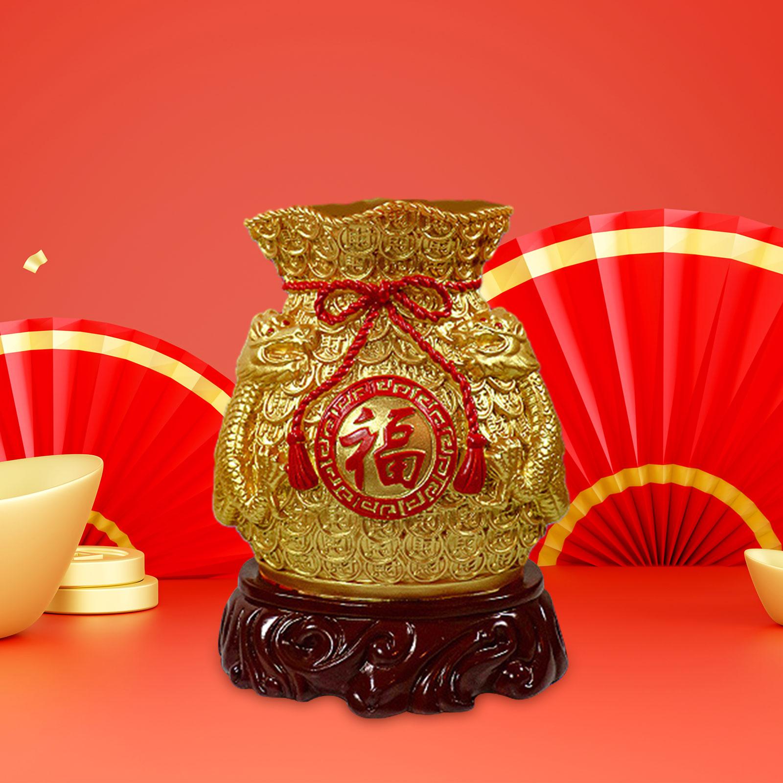 Chinese New Year Feng Shui Blessing Bag Vase Decor Sculpture for Living Room Gold