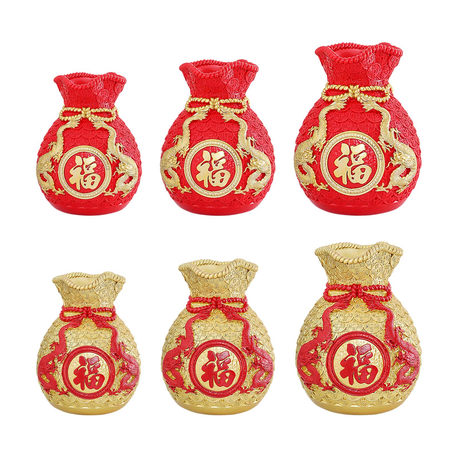 Feng Shui Money Bag Statue Flower Vase for Living Room Spring Festival Shelf Red S