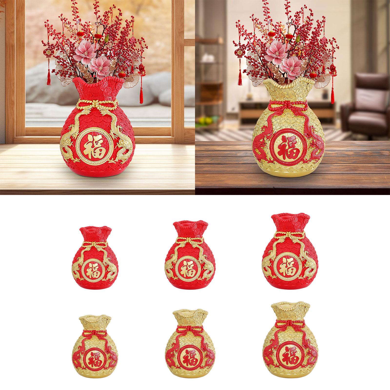 Feng Shui Money Bag Statue Flower Vase for Living Room Spring Festival Shelf Red S