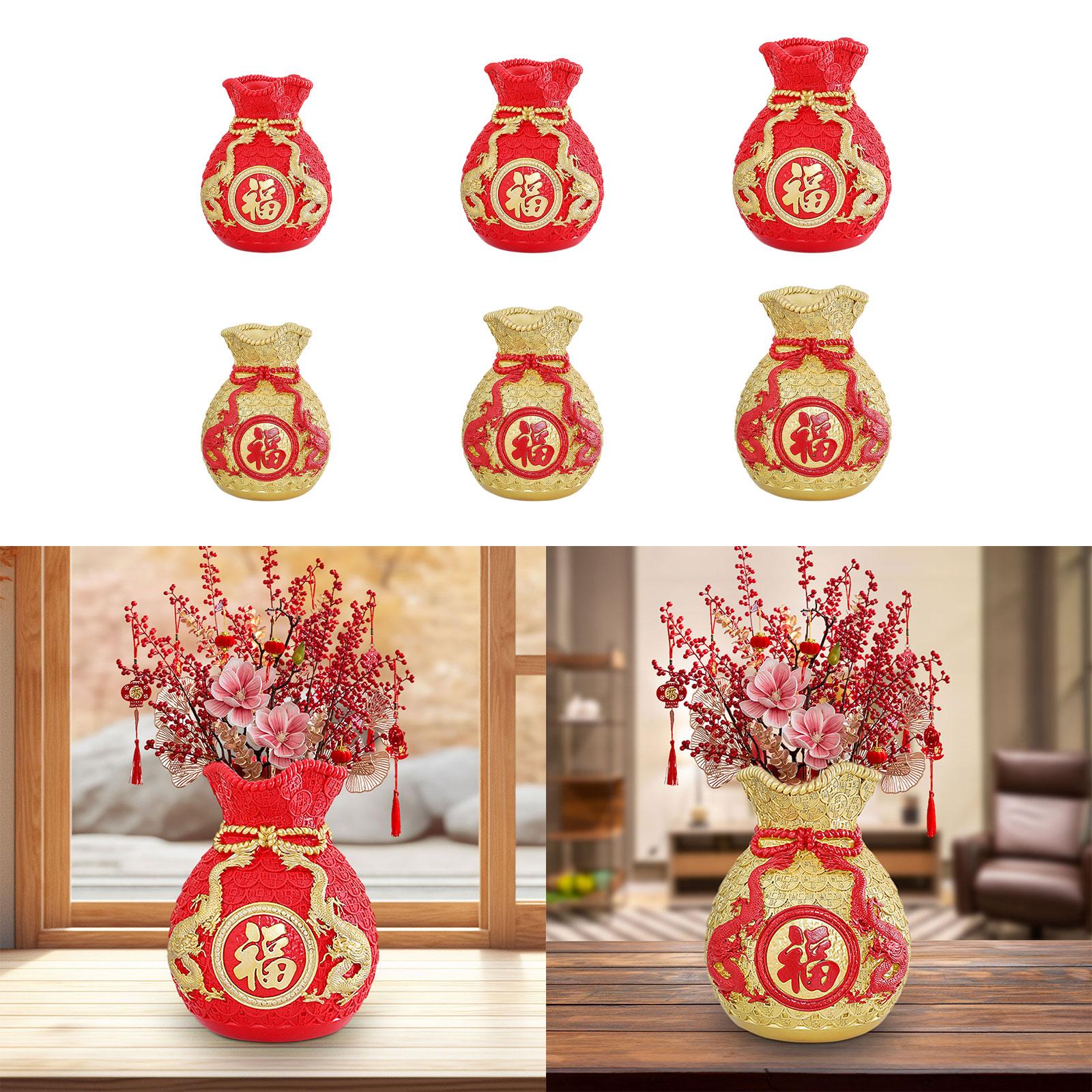 Feng Shui Money Bag Statue Flower Vase for Living Room Spring Festival Shelf Red S