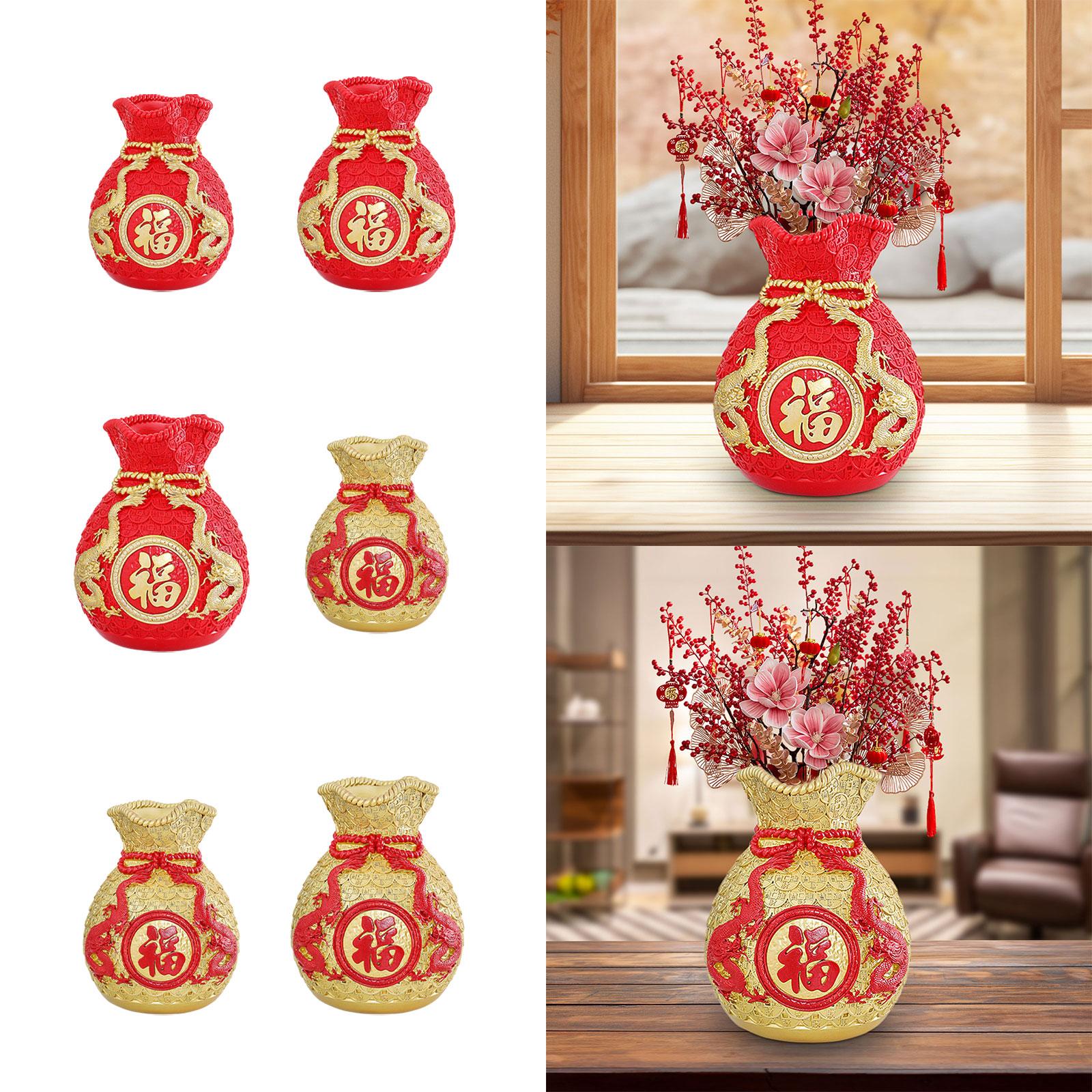 Feng Shui Money Bag Statue Flower Vase for Living Room Spring Festival Shelf Red S
