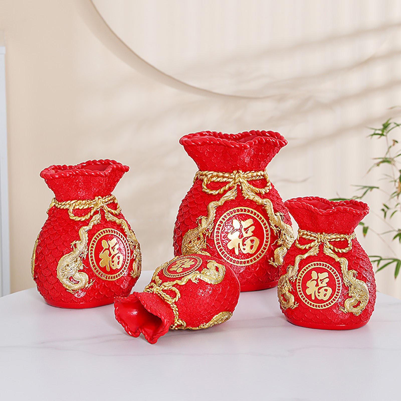 Feng Shui Money Bag Statue Flower Vase for Living Room Spring Festival Shelf Red S